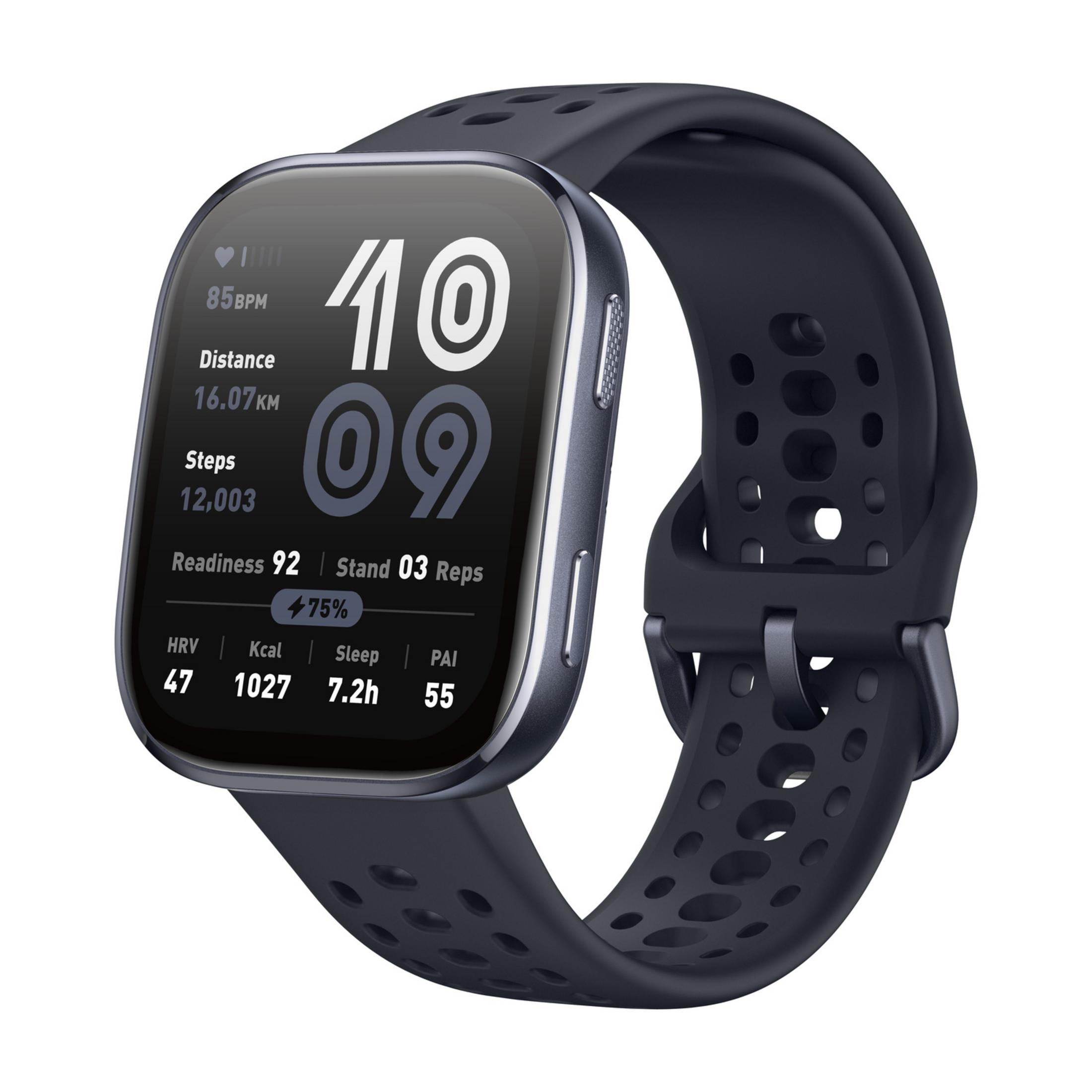 Uno smartwatch grigio scuro con cinturino nero mostra dati fitness.