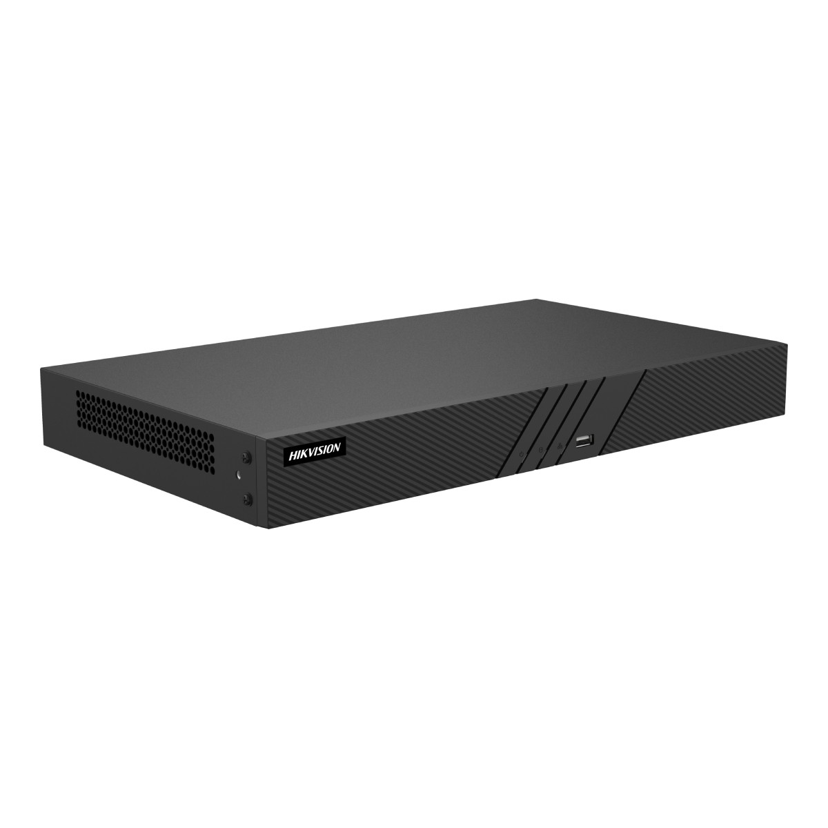 Un DVR Hikvision negro sobre fondo blanco, con un puerto USB al frente.