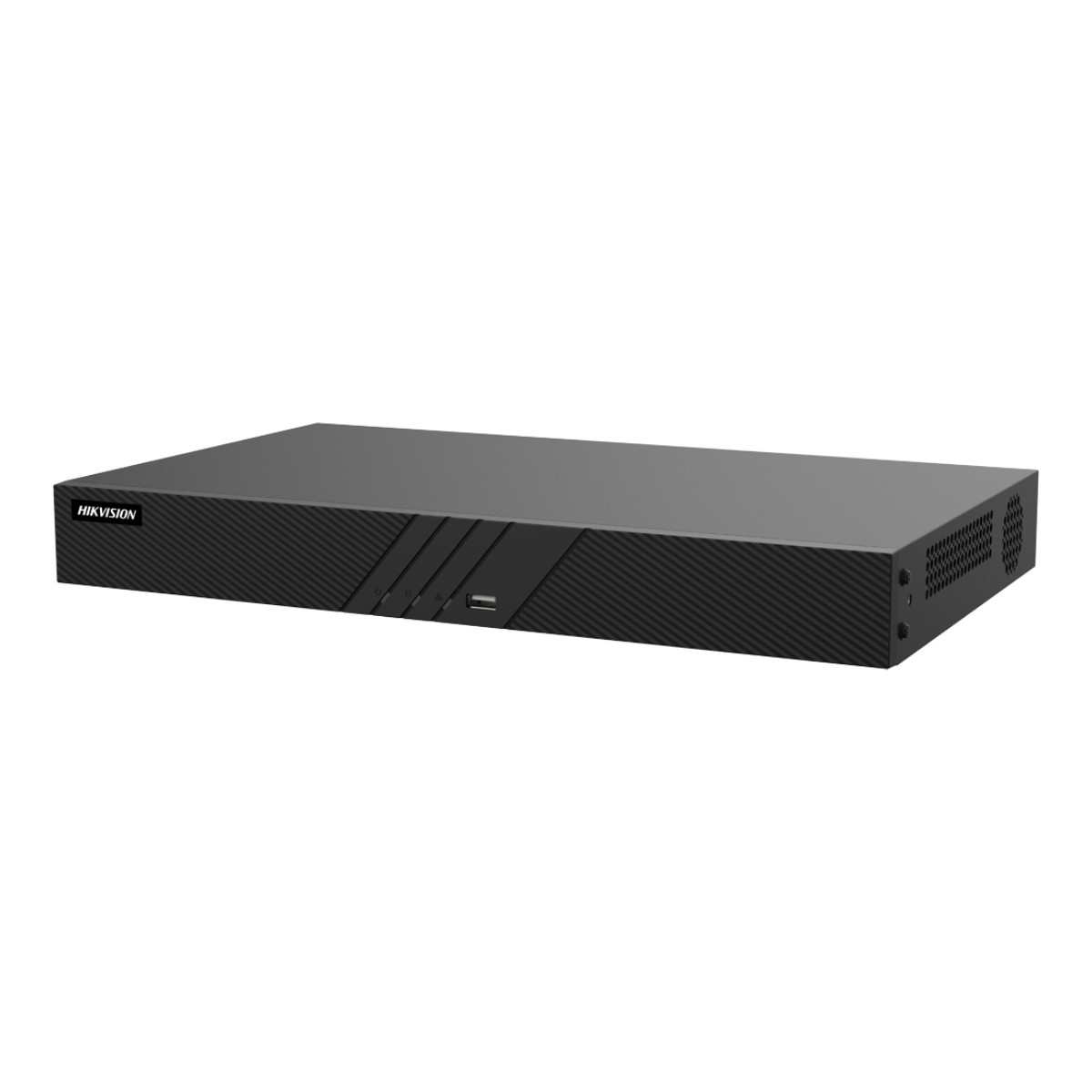 DVR Hikvision negro con panel frontal texturizado, puerto USB y ventilaciones.