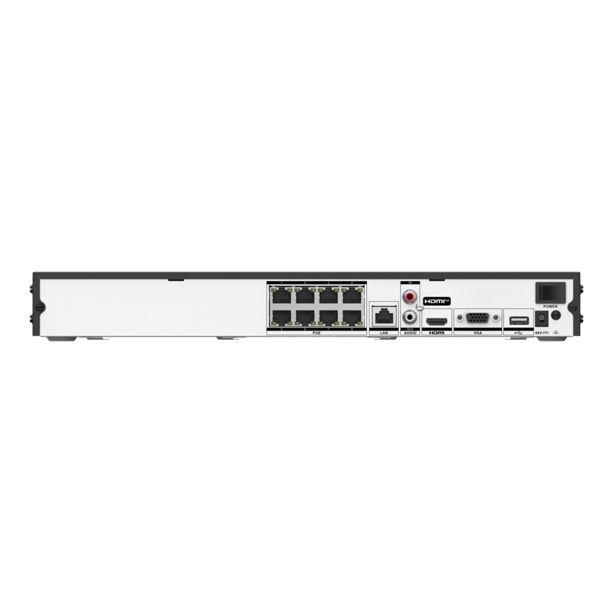 Panel trasero de un grabador de video en red blanco y negro con múltiples puertos.