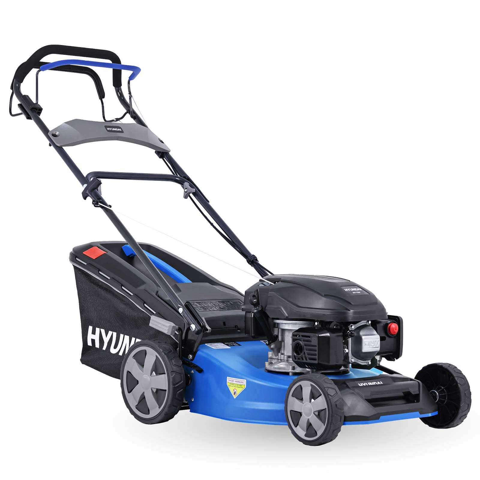 Ein blauer Hyundai-Rasenmäher mit schwarzem Fangkorb und grauem Griff.