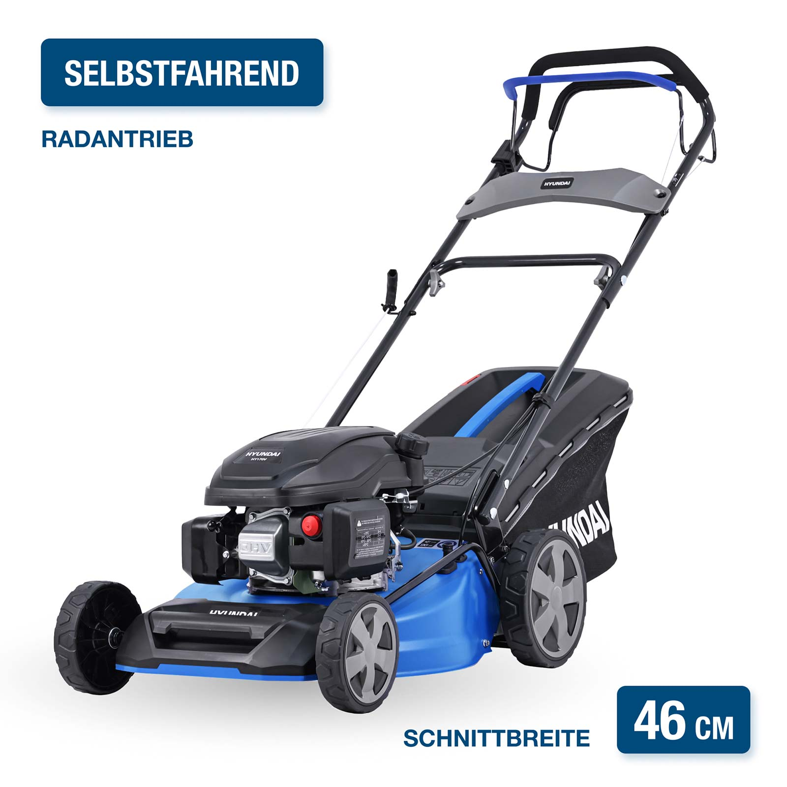 Ein blauer und schwarzer Hyundai Rasenmäher mit Radantrieb, 46 cm Schnittbreite.