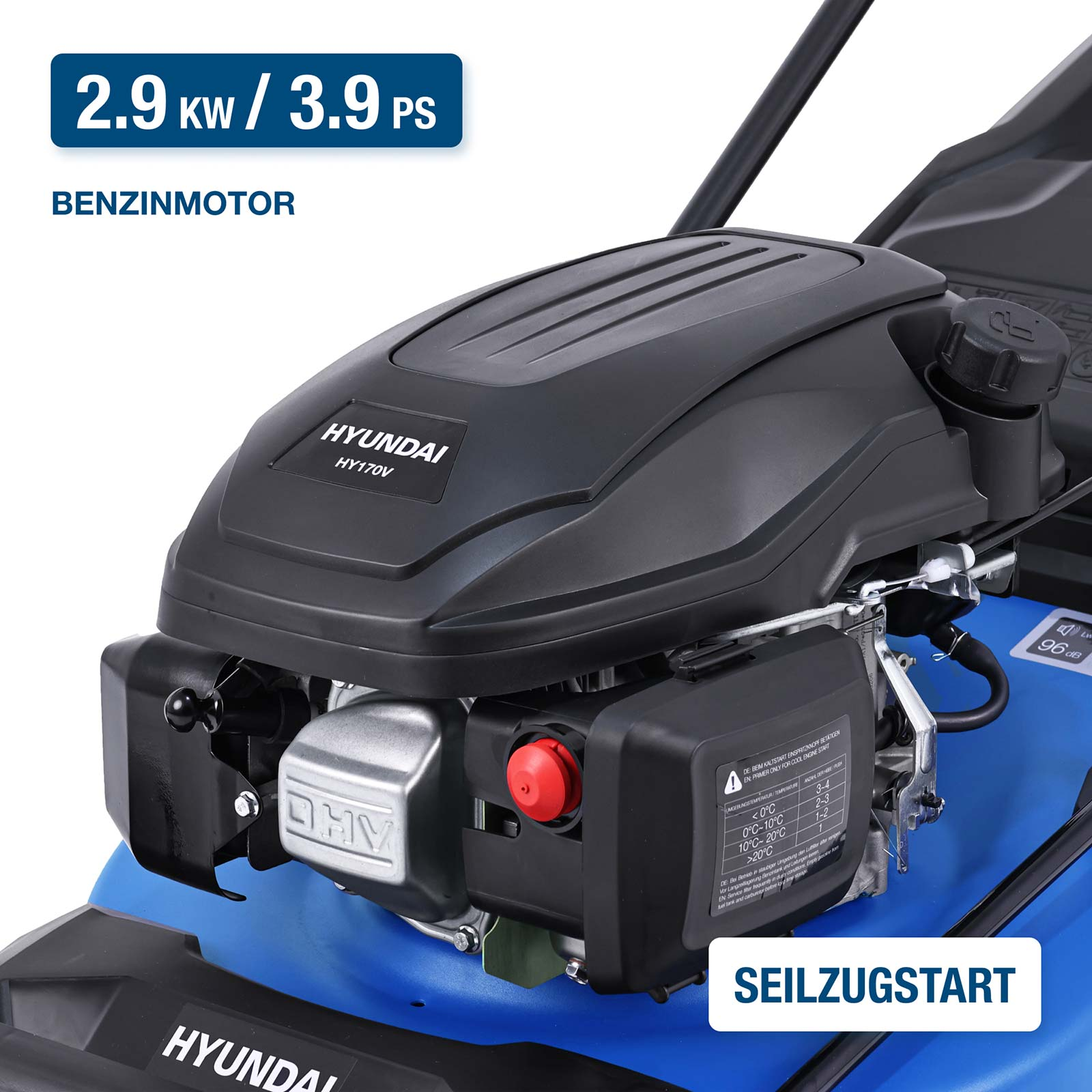 Hyundai Rasenmähermotor mit 2.9 kW Leistung und Seilzugstart.