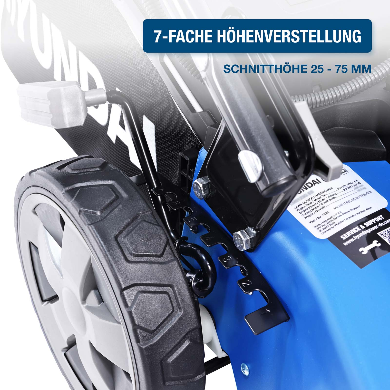 Blauer Rasenmäher mit einem Rad und einer Schnitthöhenverstellung von 25-75mm.