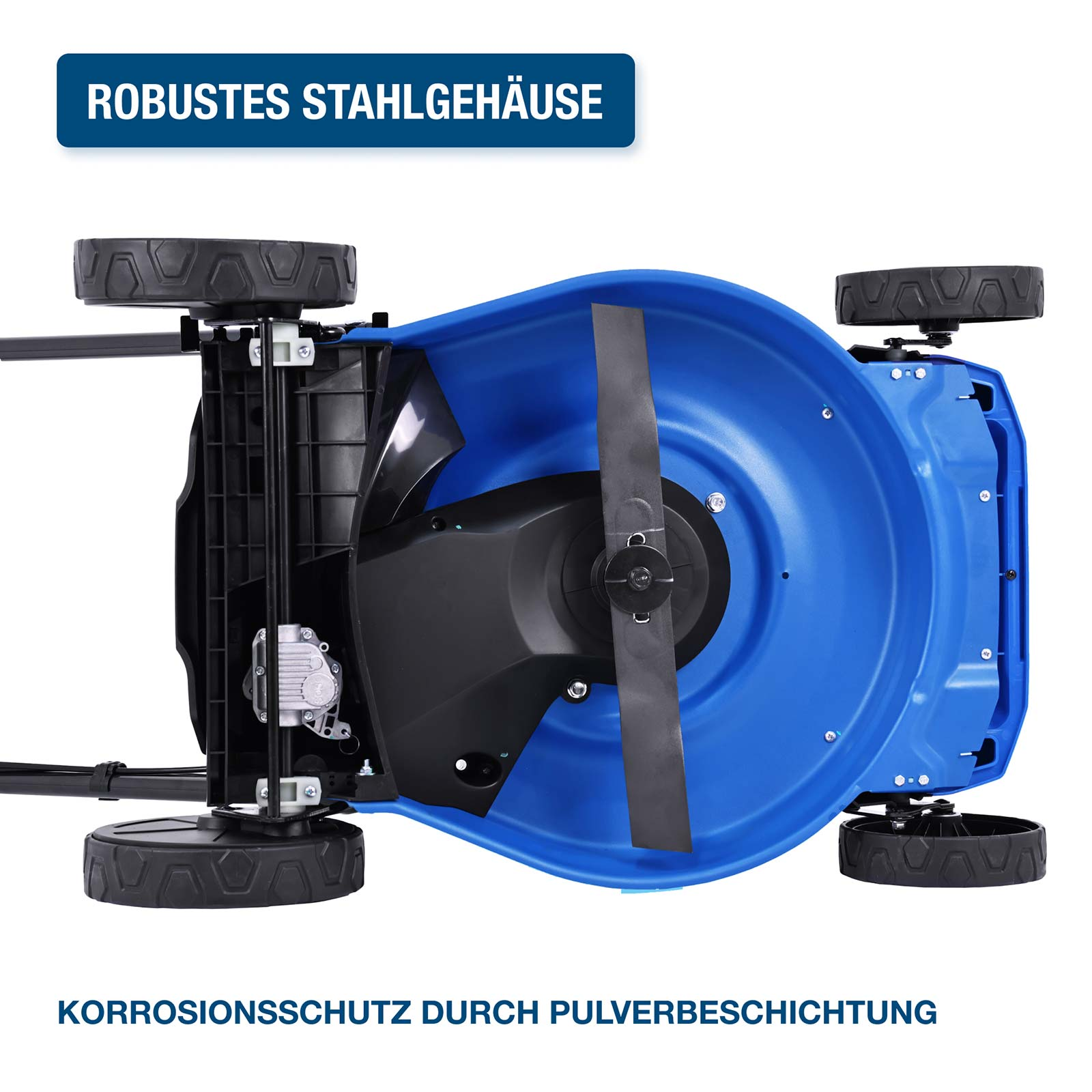 Blaue Rasenmähertraverse mit schwarzem Messer und Rädern.