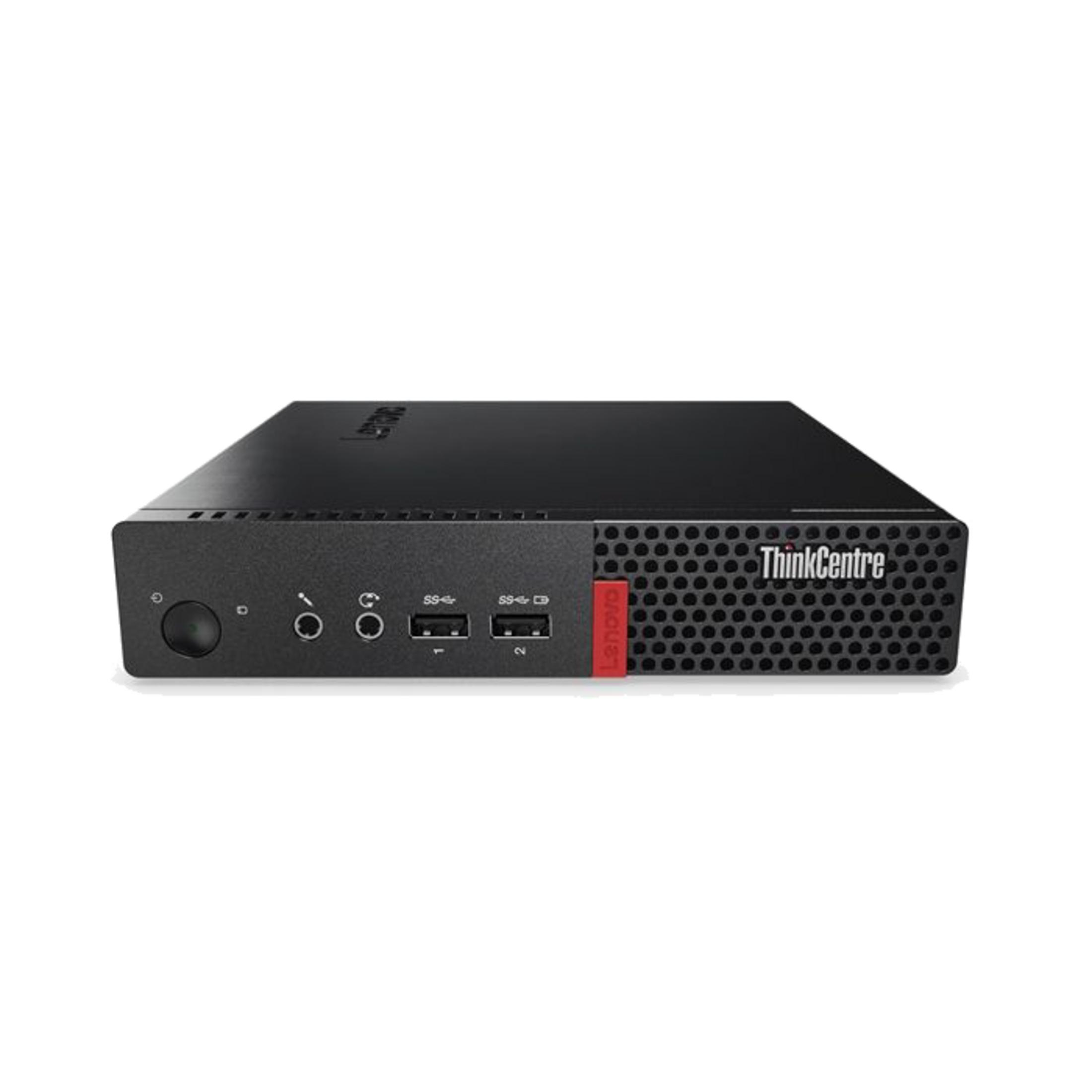 Un mini PC negro Lenovo ThinkCentre con puertos y ranuras de ventilación.