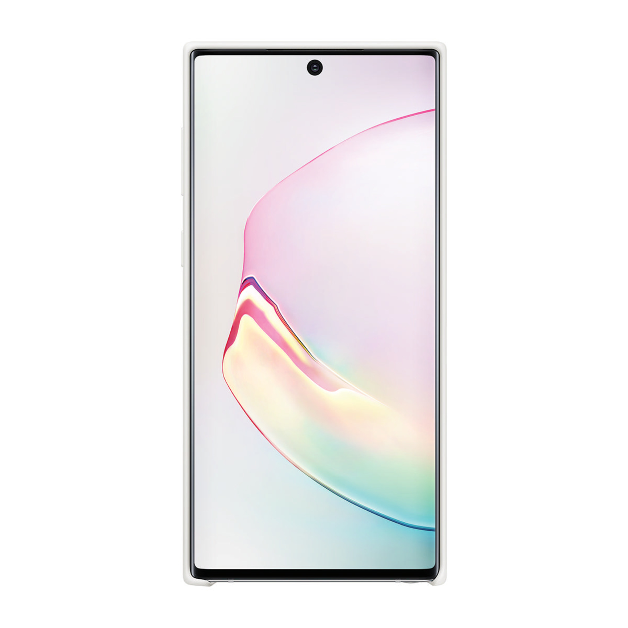Un smartphone blanco con un fondo de pantalla colorido y una cámara frontal.