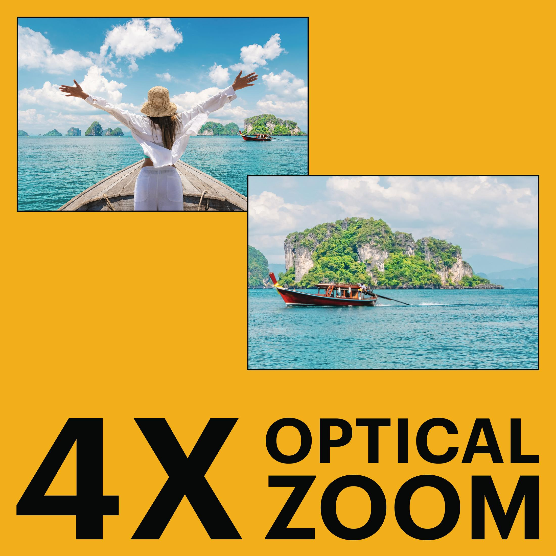Frau auf Boot mit Armen ausgestreckt, Boote & Inseln im Meer, 4x optischer Zoom.