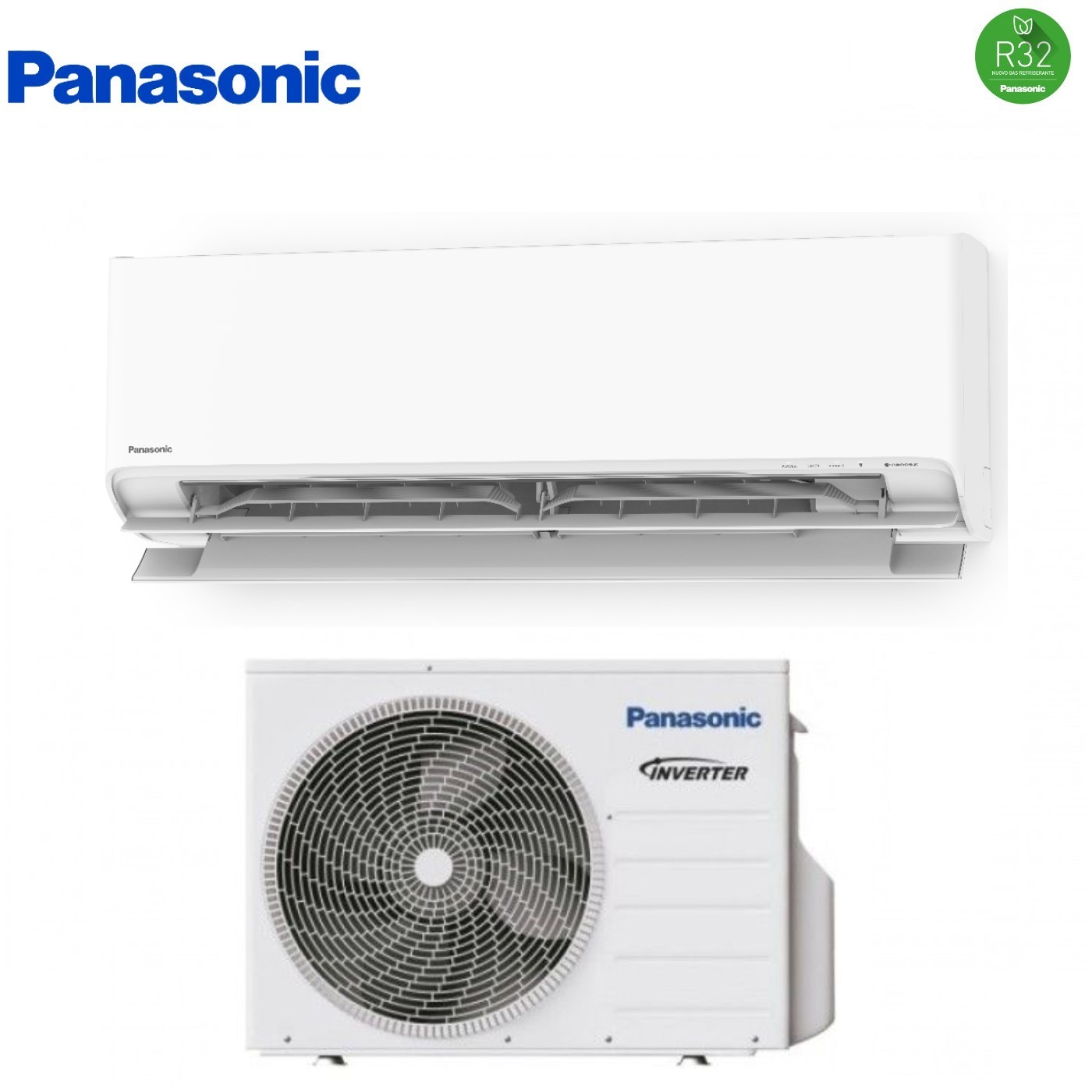 Condizionatore Panasonic bianco: unità interna sopra, unità esterna sotto.