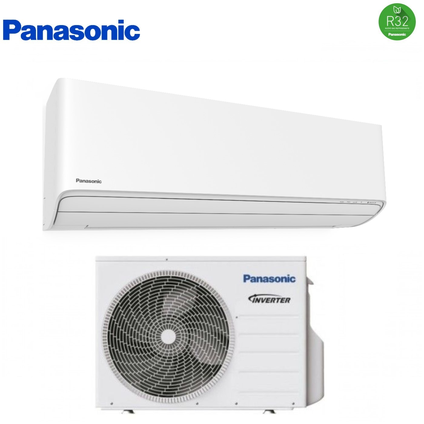 Unità interne ed esterne del condizionatore Panasonic bianche su sfondo bianco.