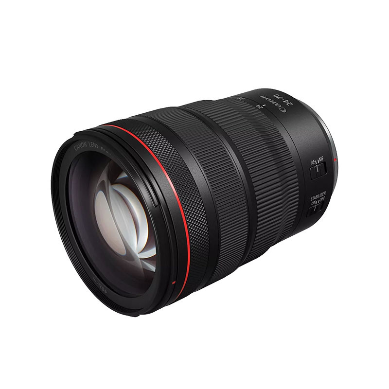 Un objectif Canon RF 24-70mm f/2.8 L IS USM noir avec un anneau rouge.