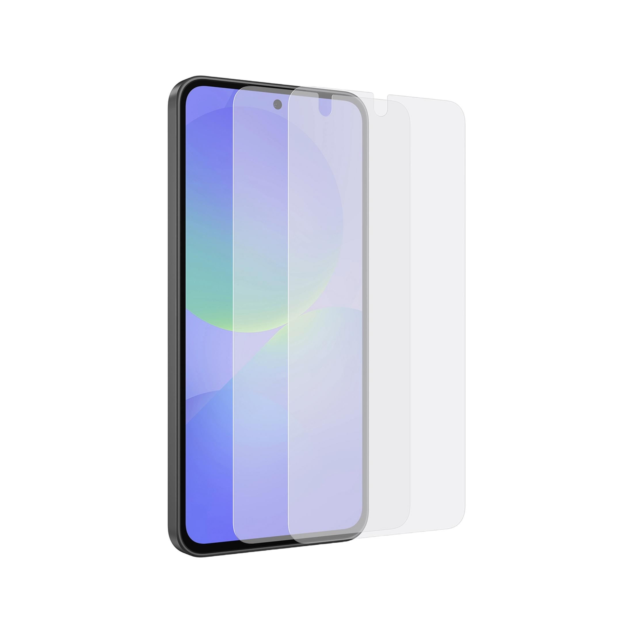 Uno smartphone con una protezione per lo schermo accanto.