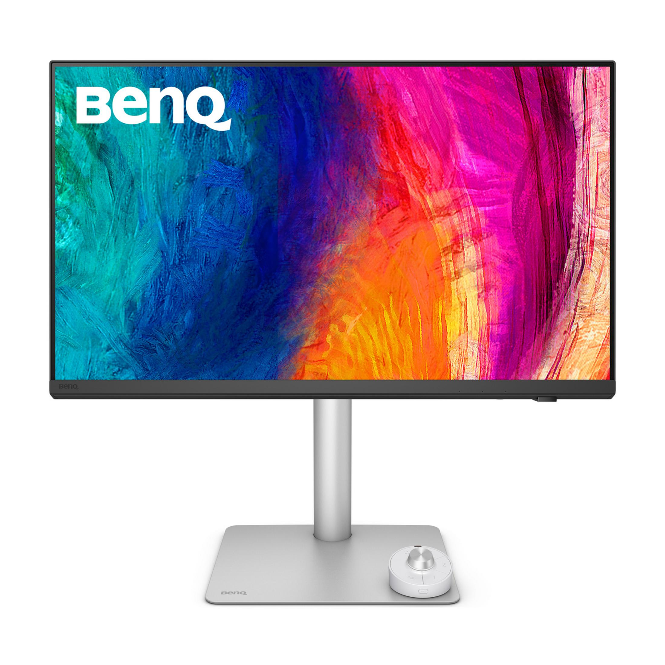 Un monitor BenQ con fondo colorido y base plateada con ratón.