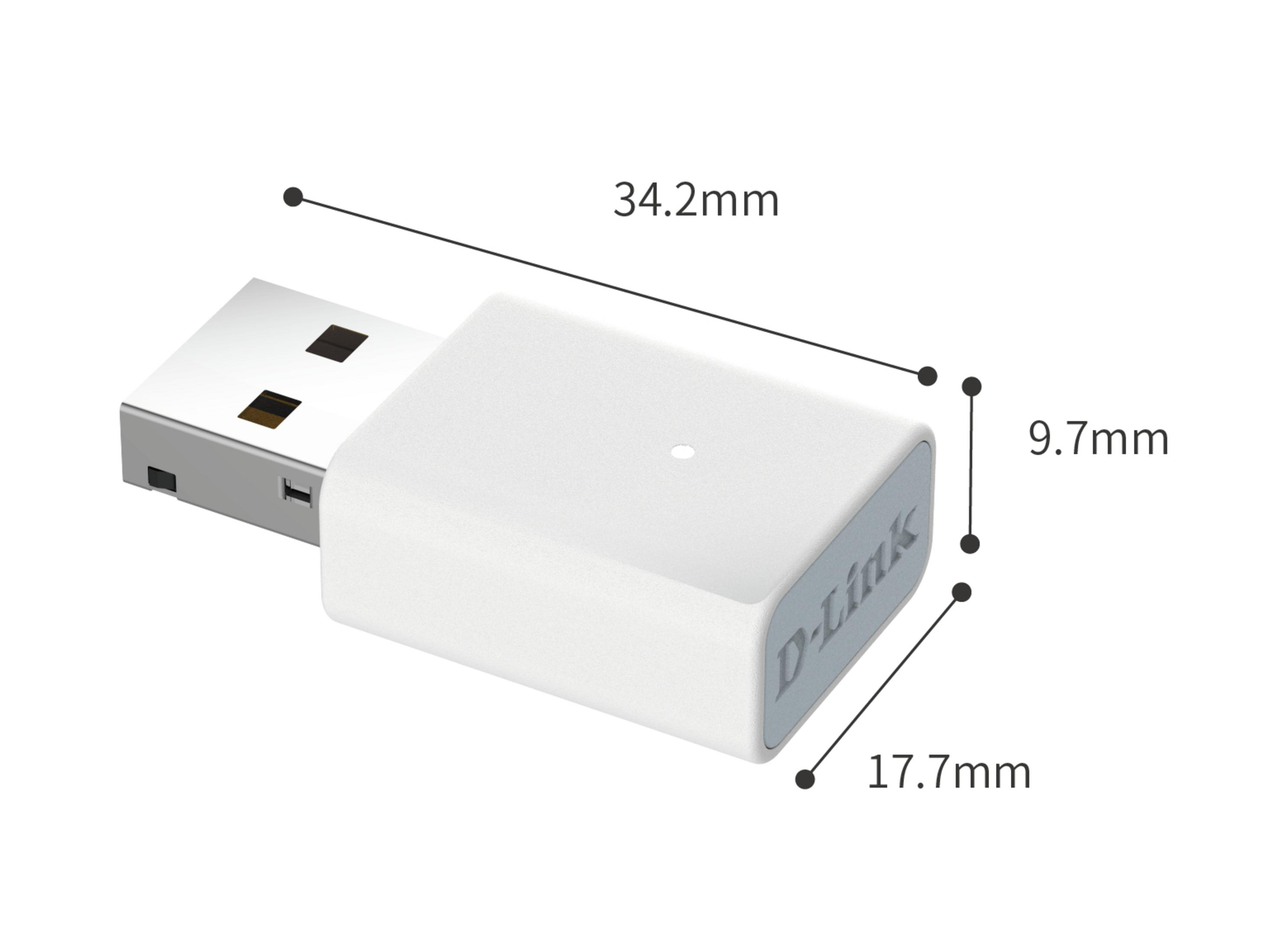 Witte USB-adapter met D-Link logo, afmetingen 34,2x9,7x17,7mm.
