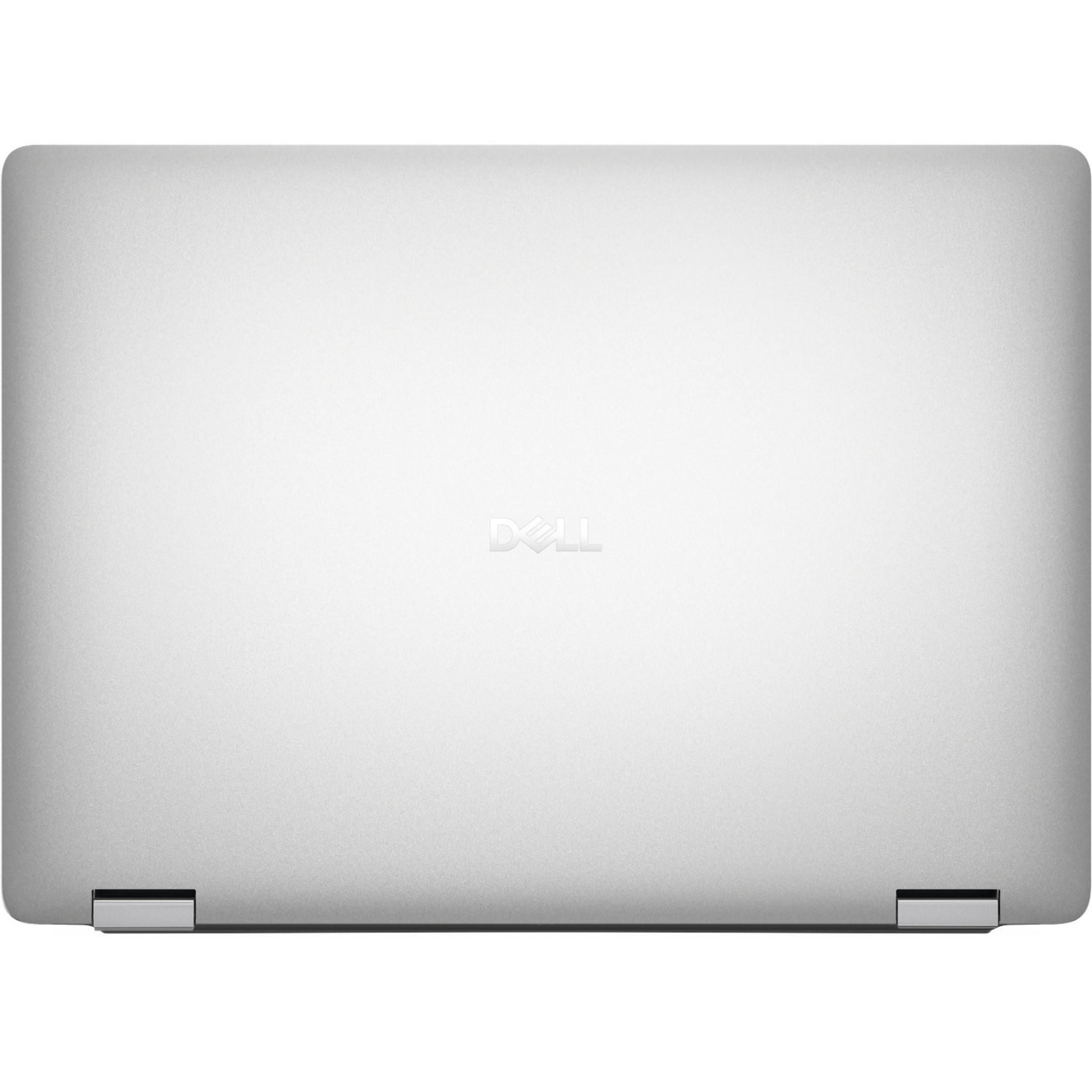Zamknięty srebrny laptop Dell z logo pośrodku.