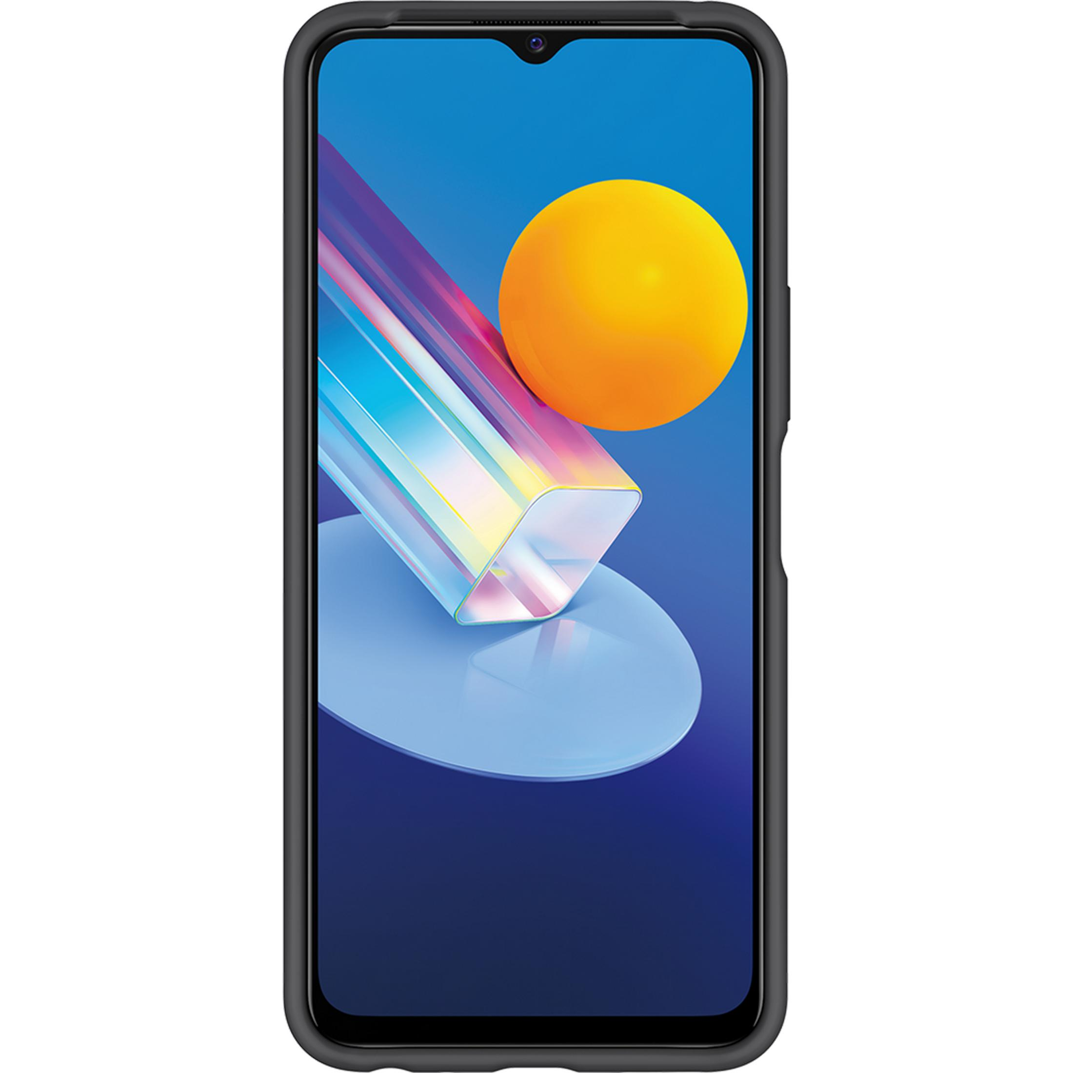 Schwarzes Handy mit blauem Bildschirm, das ein Prisma und eine gelbe Kugel zeigt.