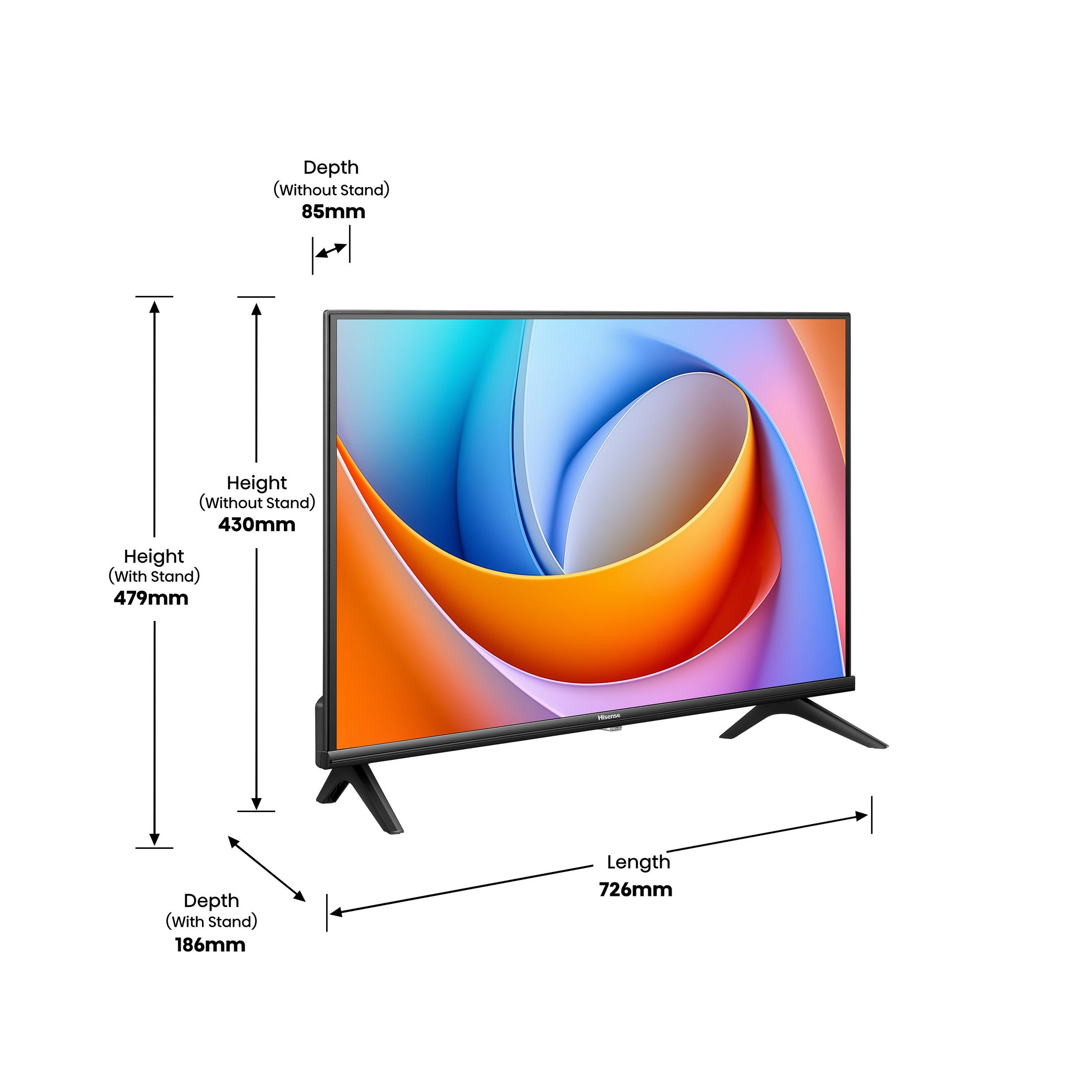 Un televisor Hisense con dimensiones mostradas. Alto 430mm, fondo 85mm, largo 726mm.