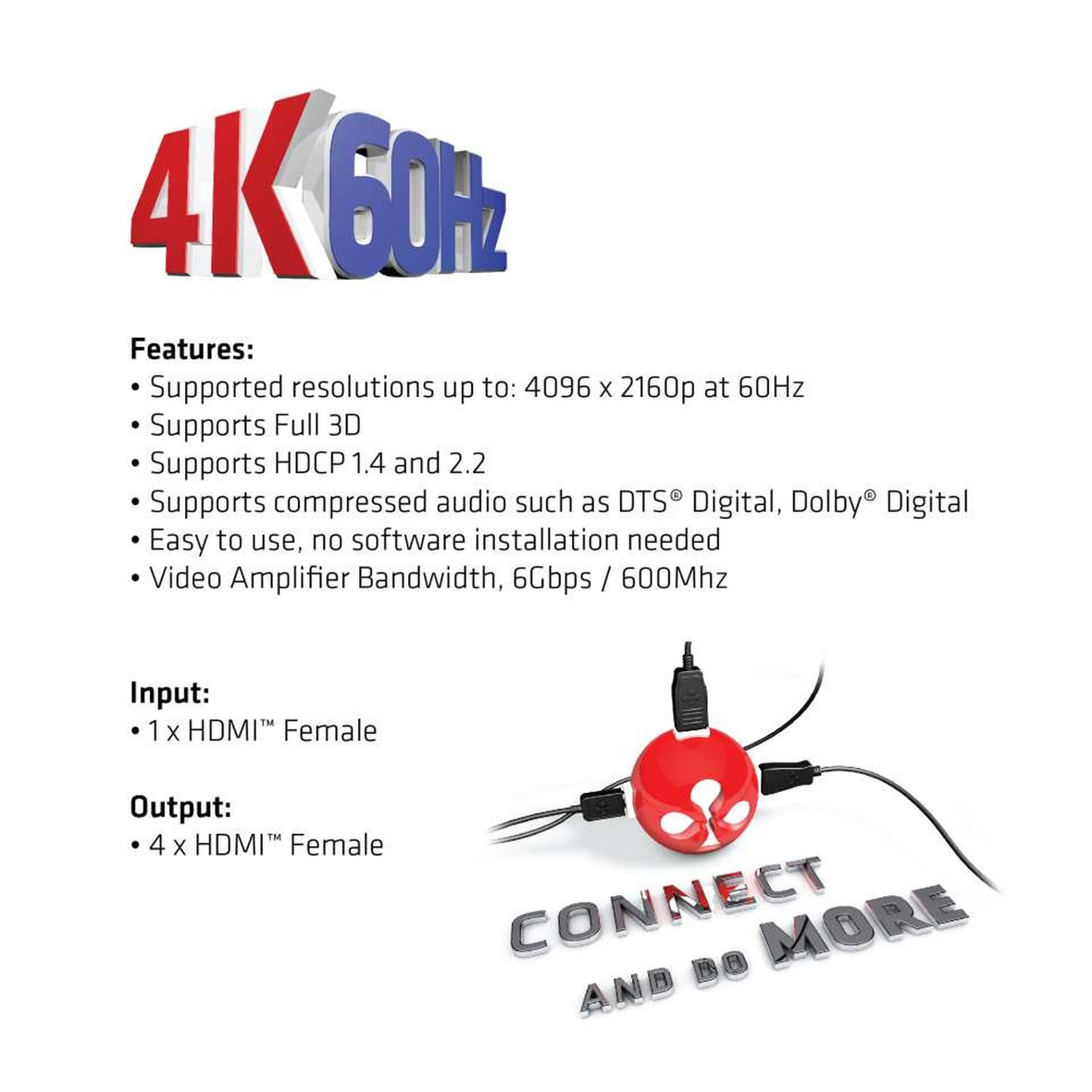 Divisor 4K 60Hz con 1 entrada HDMI y 4 salidas.