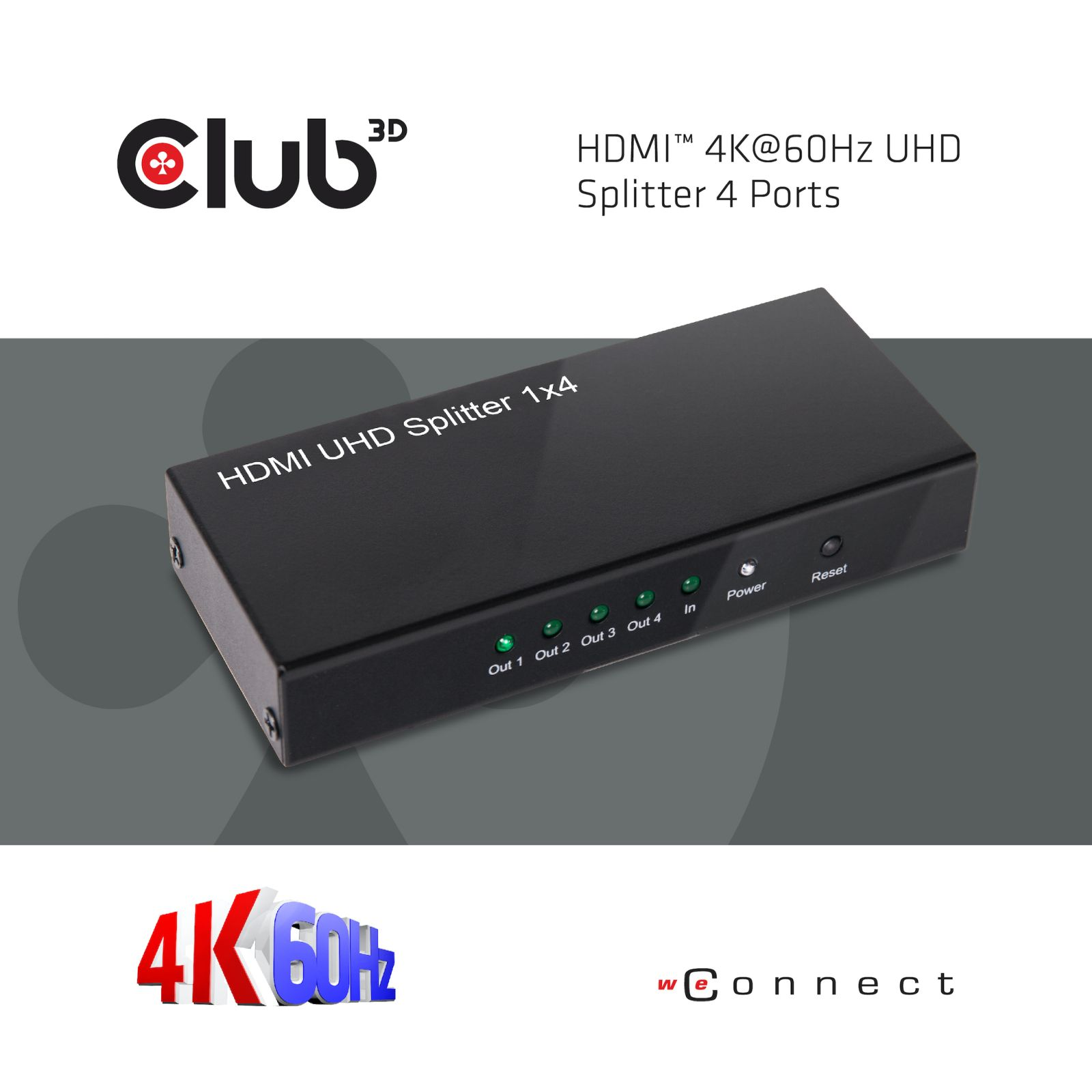 Un divisor HDMI 1x4 UHD negro con 4 salidas y luces indicadoras.