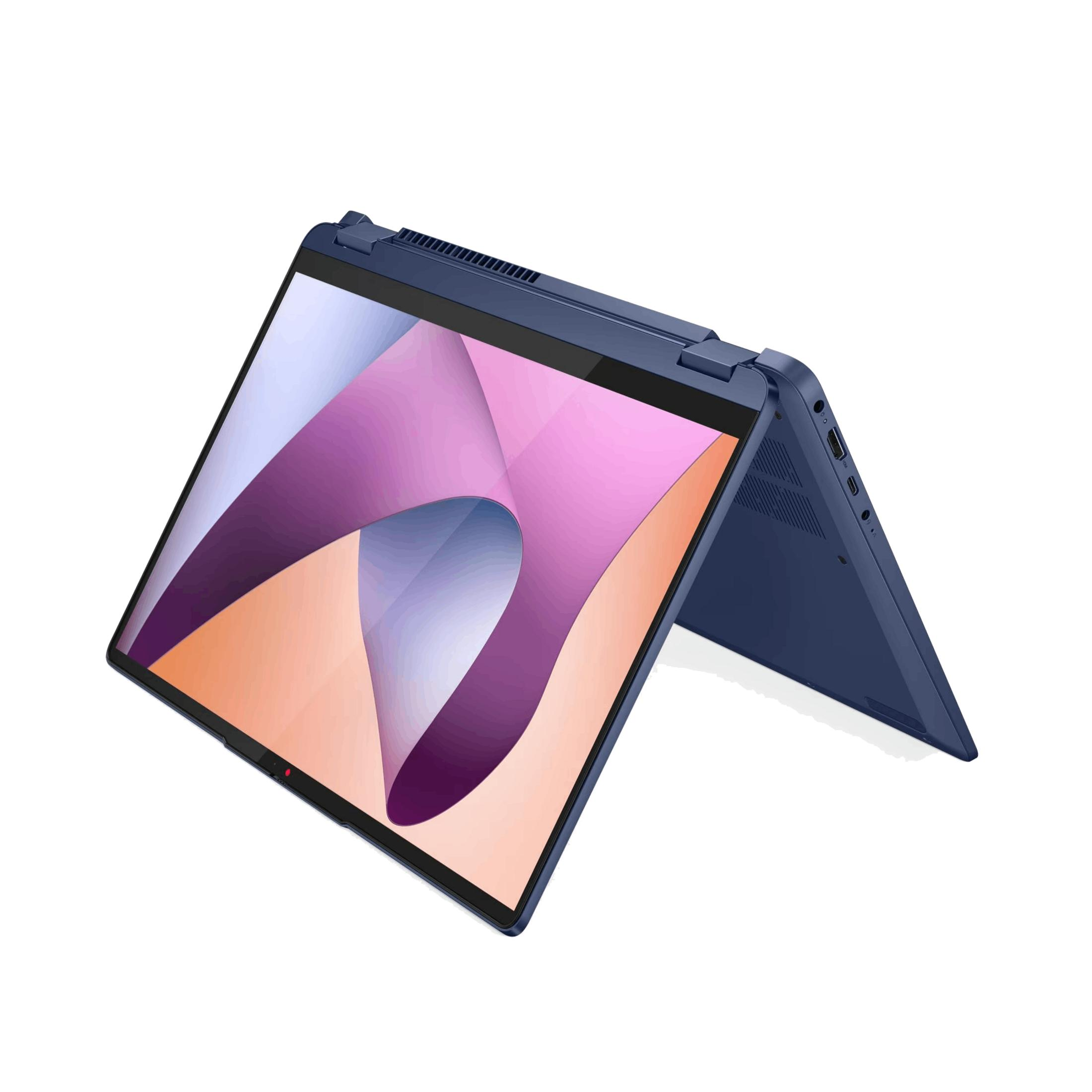 Ciemnoniebieski laptop w trybie namiotu z abstrakcyjnym tłem na ekranie.