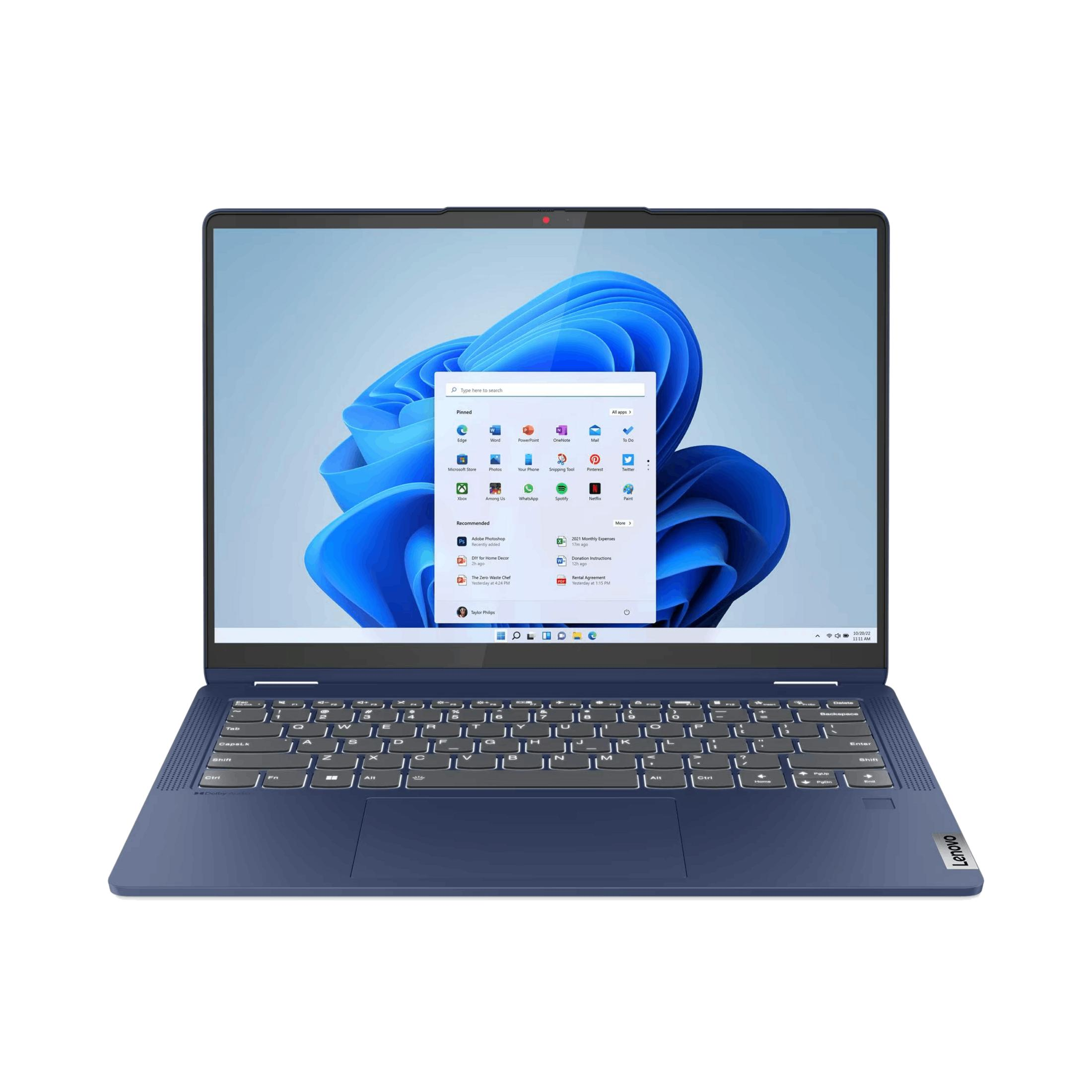 Granatowy laptop z podświetlaną klawiaturą, na ekranie Windows 11.