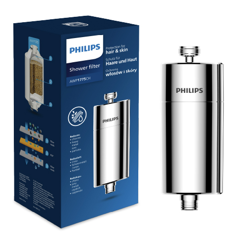 Philips Duschfilter AWP1775CH und Verpackung. Silberfarbener Filter mit Philips Logo.