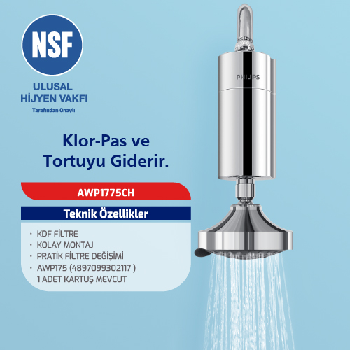 Ein silberner Duschkopf mit Philips-Logo, der Wasser filtriert. NSF-zertifiziert.
