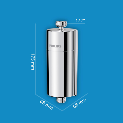Silberner Philips Wasserfilter mit Maßen 175x68x68mm und 1/2" Anschluss.