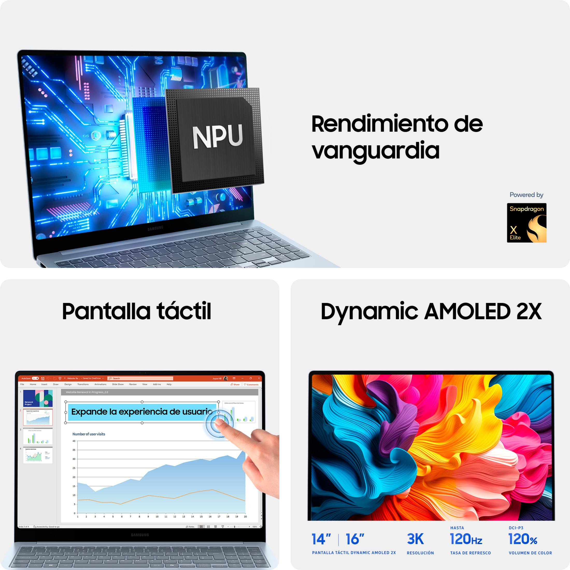 Portátil con chip NPU, pantalla táctil y display Dynamic AMOLED 2X. Snapdragon X Elite.