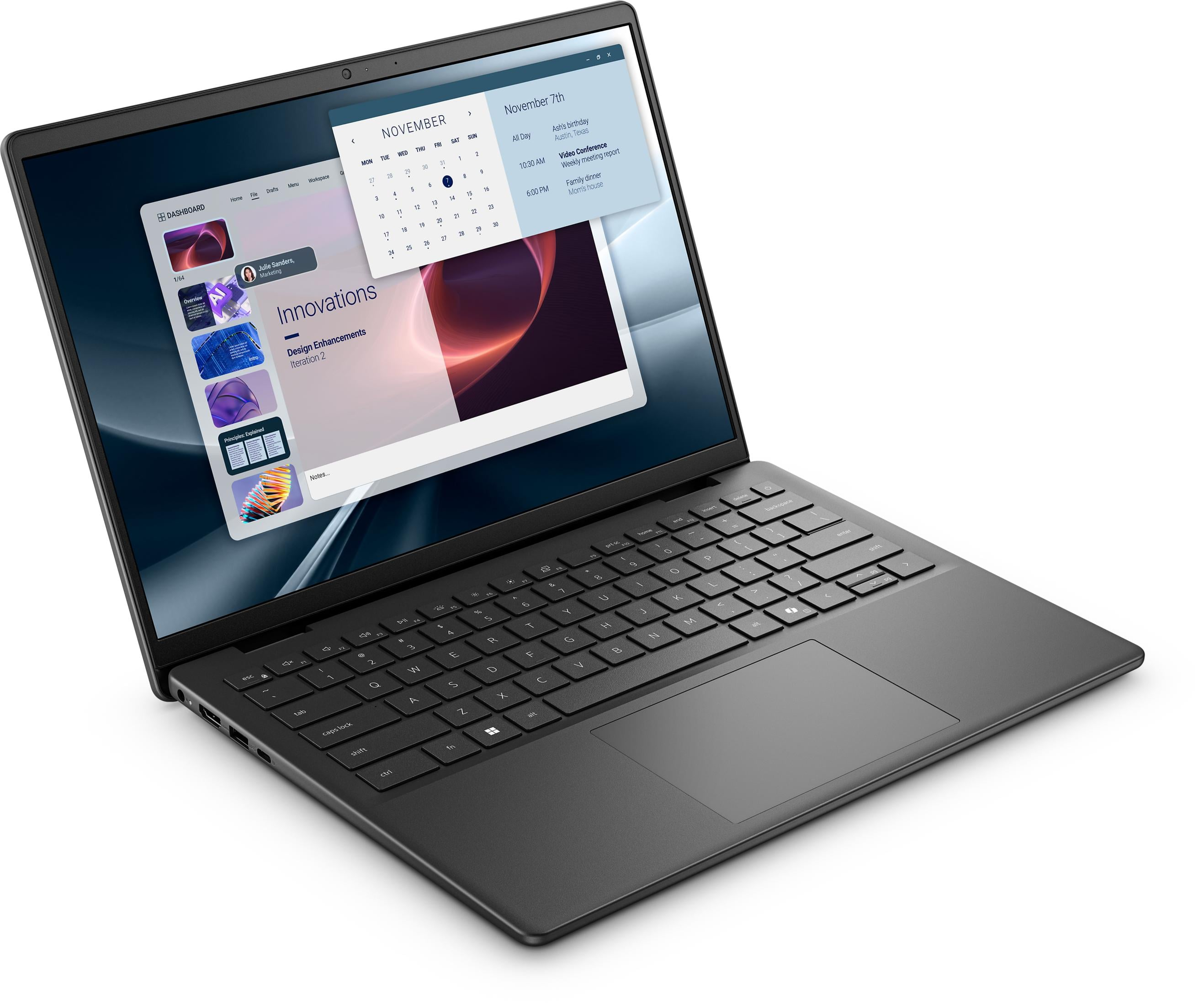 Ein schwarzer Laptop zeigt den Desktop mit einem Kalender und Notizen.