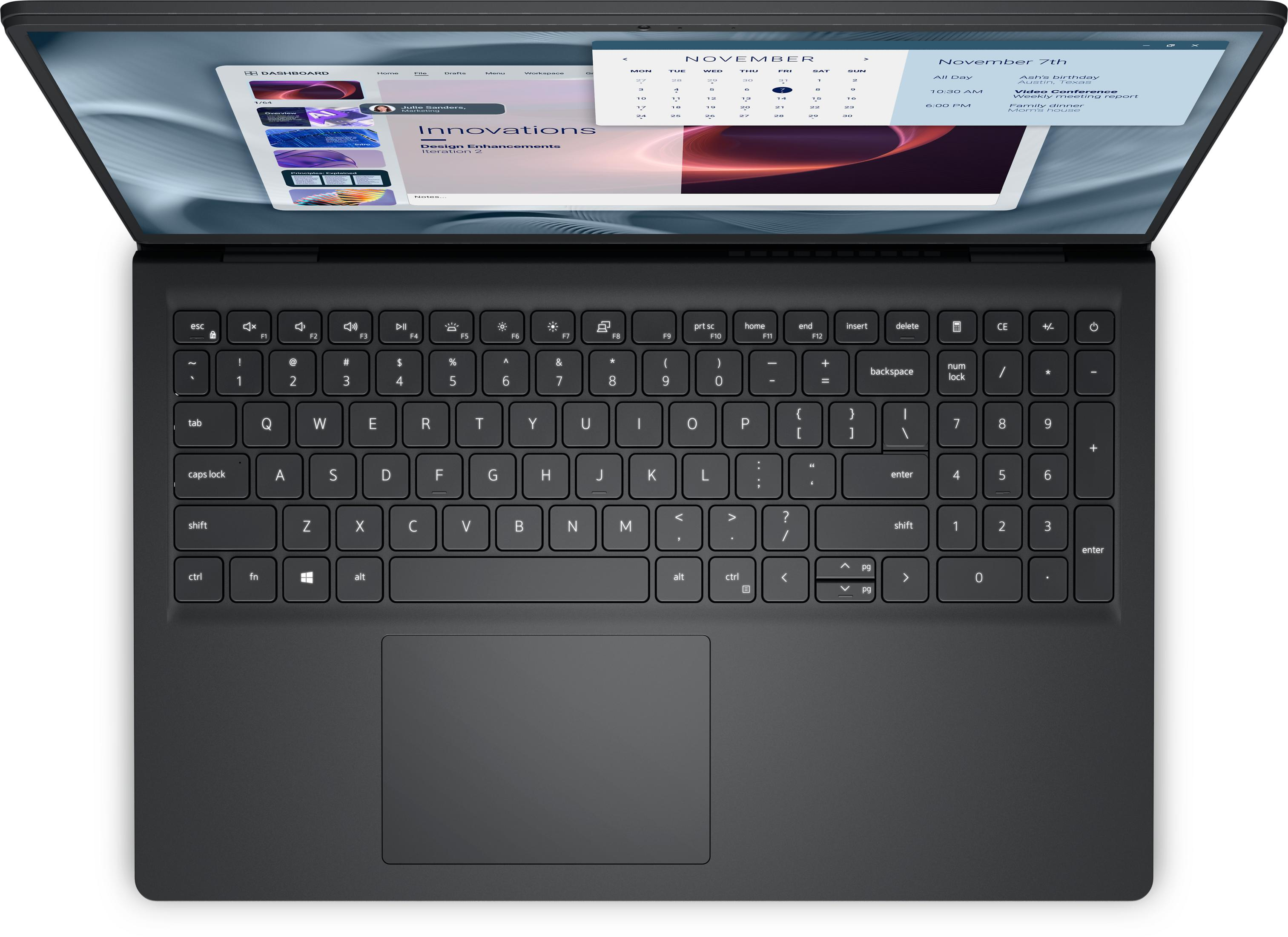 Ein offener Laptop zeigt den Bildschirm mit einem Kalender und Notizen an.