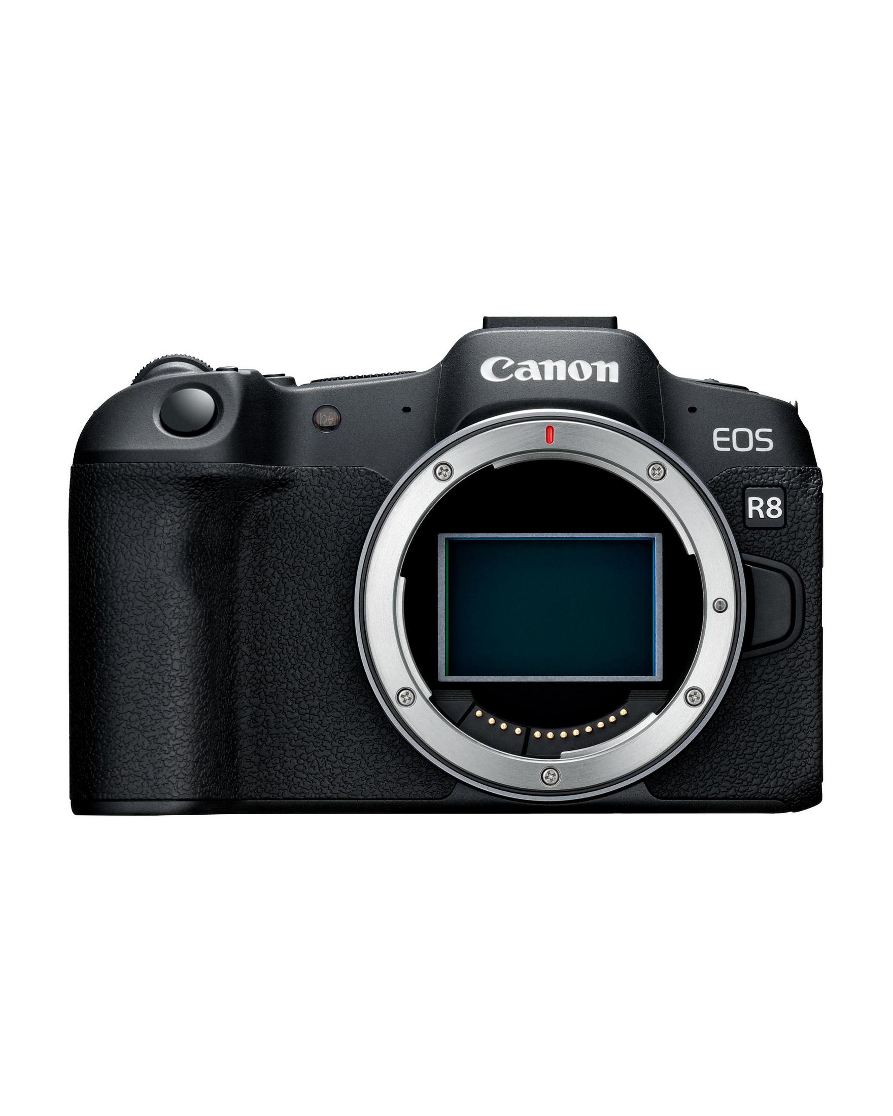 Cámara Canon EOS R8 negra con montura de lente y sensor plateados.
