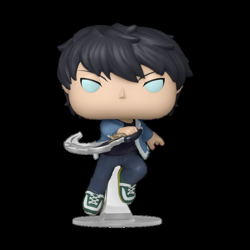 Un muñeco Funko de un chico con pelo negro, ojos azules, sosteniendo una espada.