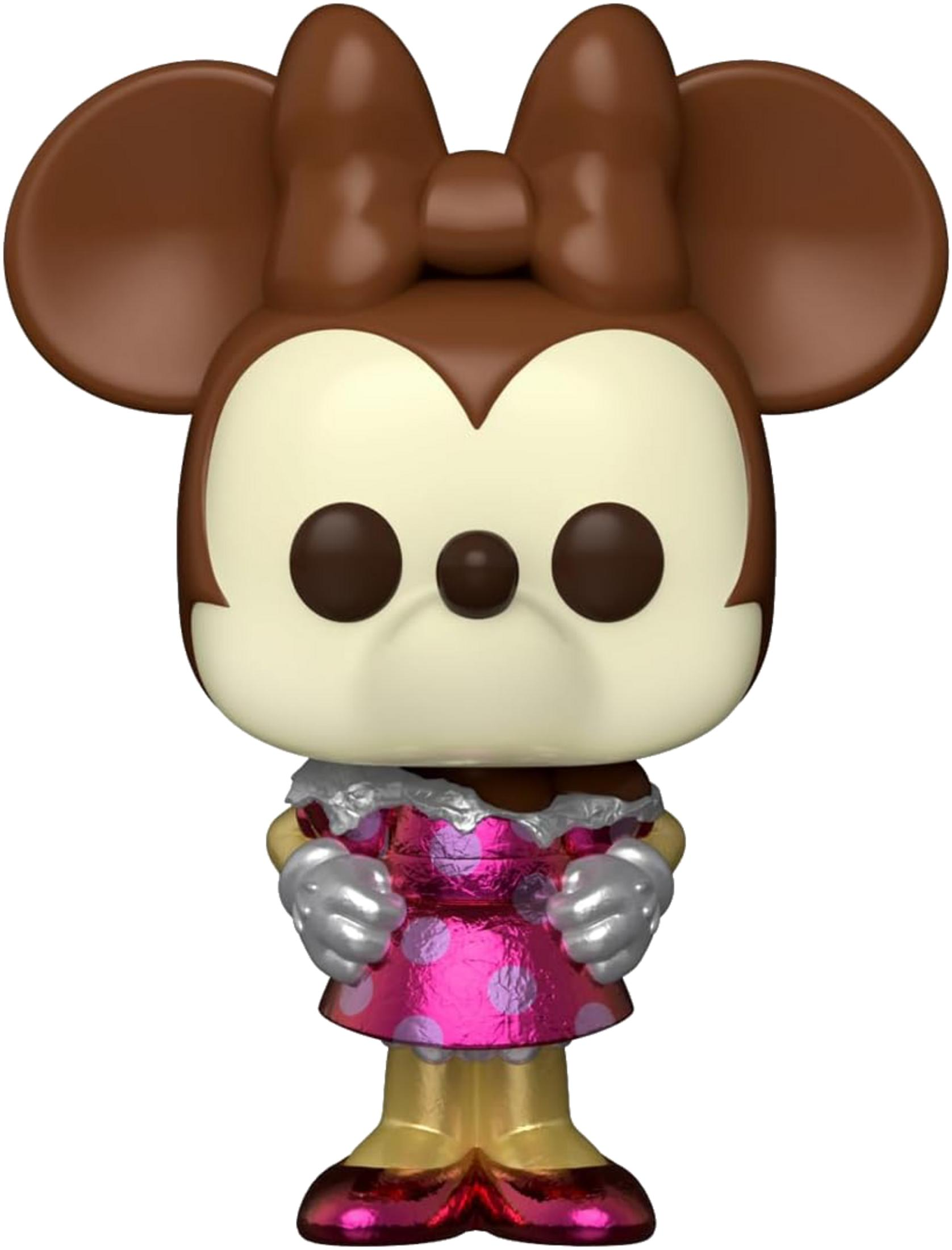 Statua di Minnie Mouse con orecchie marroni, fiocco, vestito pois rosa e guanti argentati.