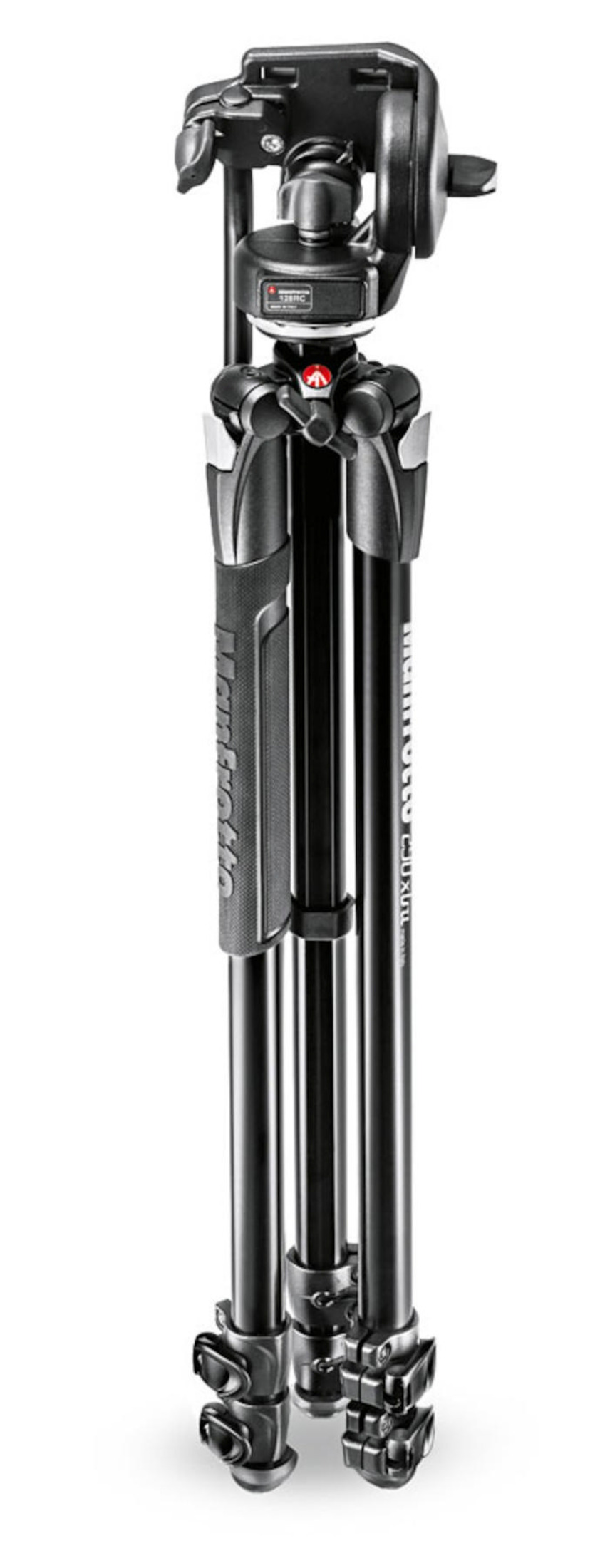 Un treppiede Manfrotto nero a tre gambe con testa per fotocamera.