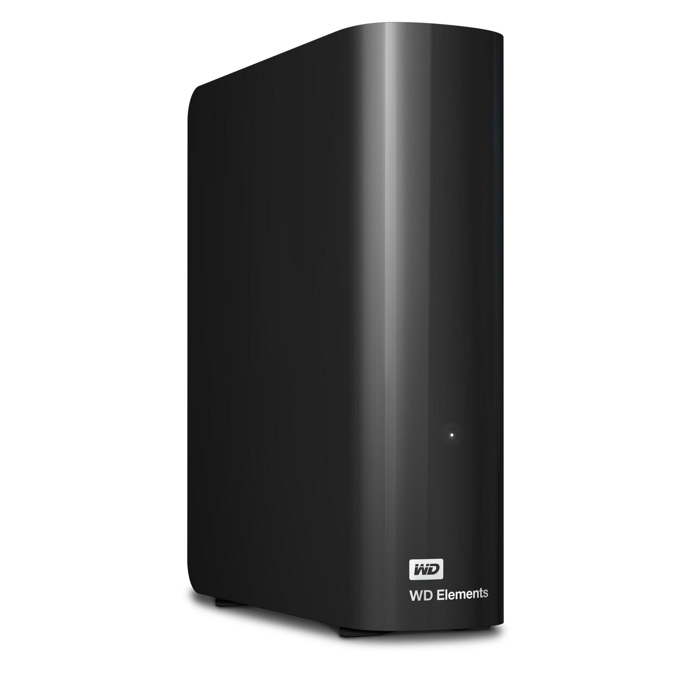 Eine schwarze externe Festplatte von WD Elements steht vertikal auf weißem Untergrund.
