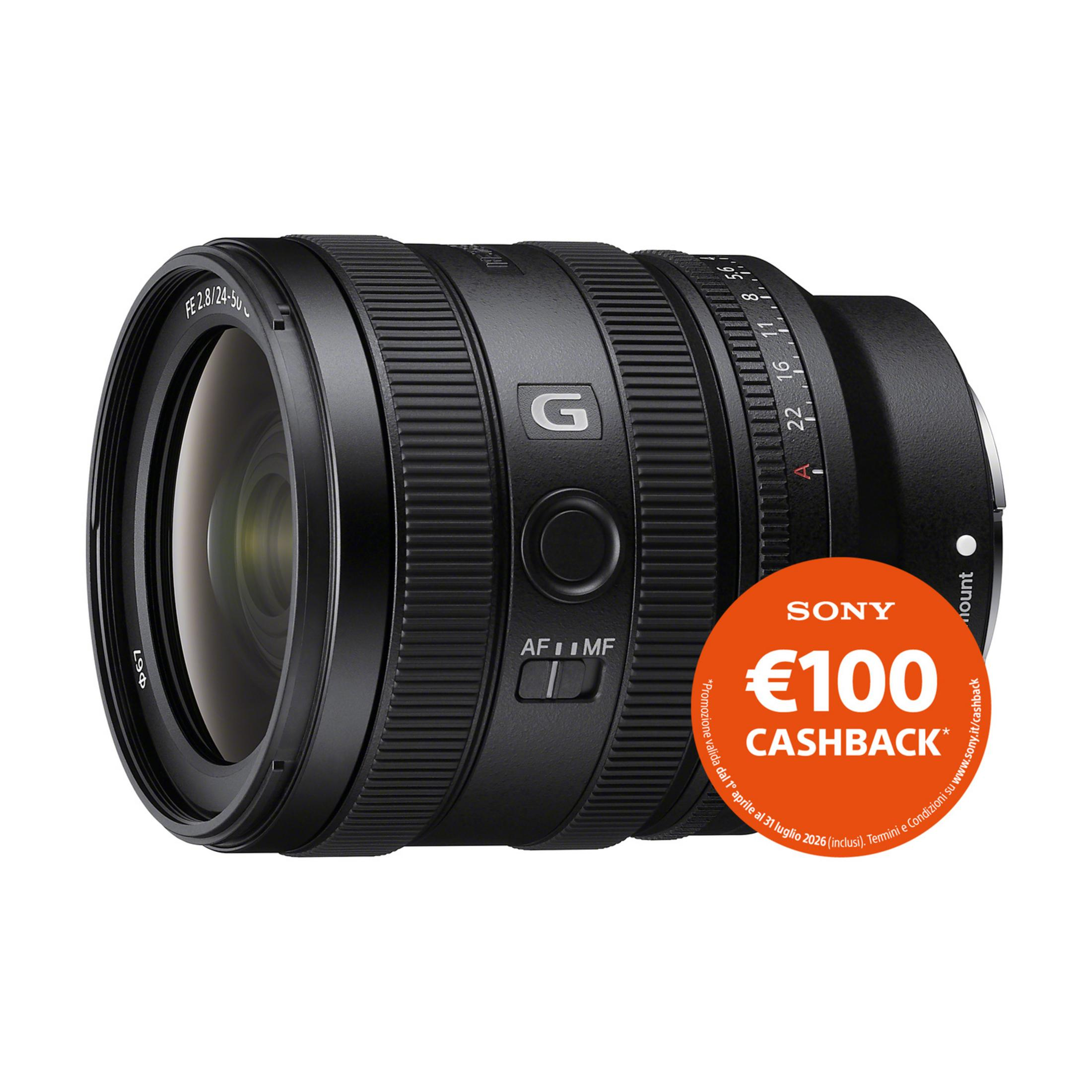 Czarny obiektyw Sony z logo G Master i naklejką cashback 100€.