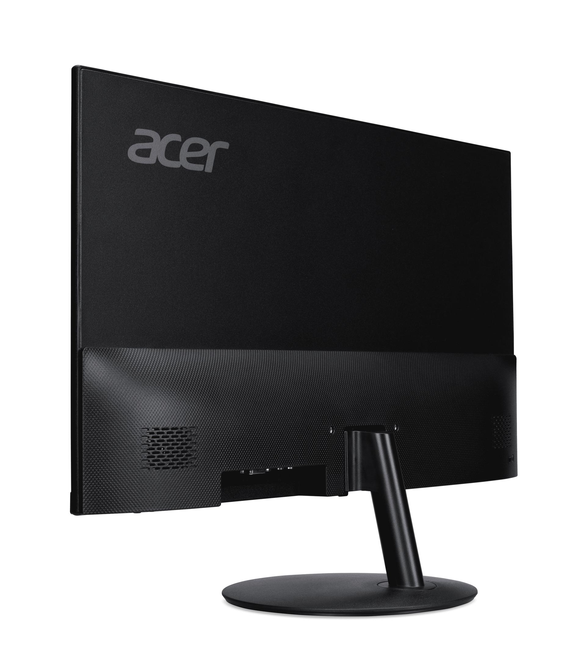 Un monitor Acer nero visto da dietro, con porte e il suo supporto.