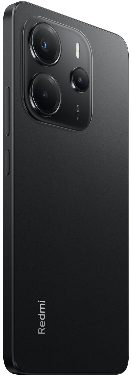 Schwarzes Smartphone mit drei Kameras und Blitz auf der Rückseite.
