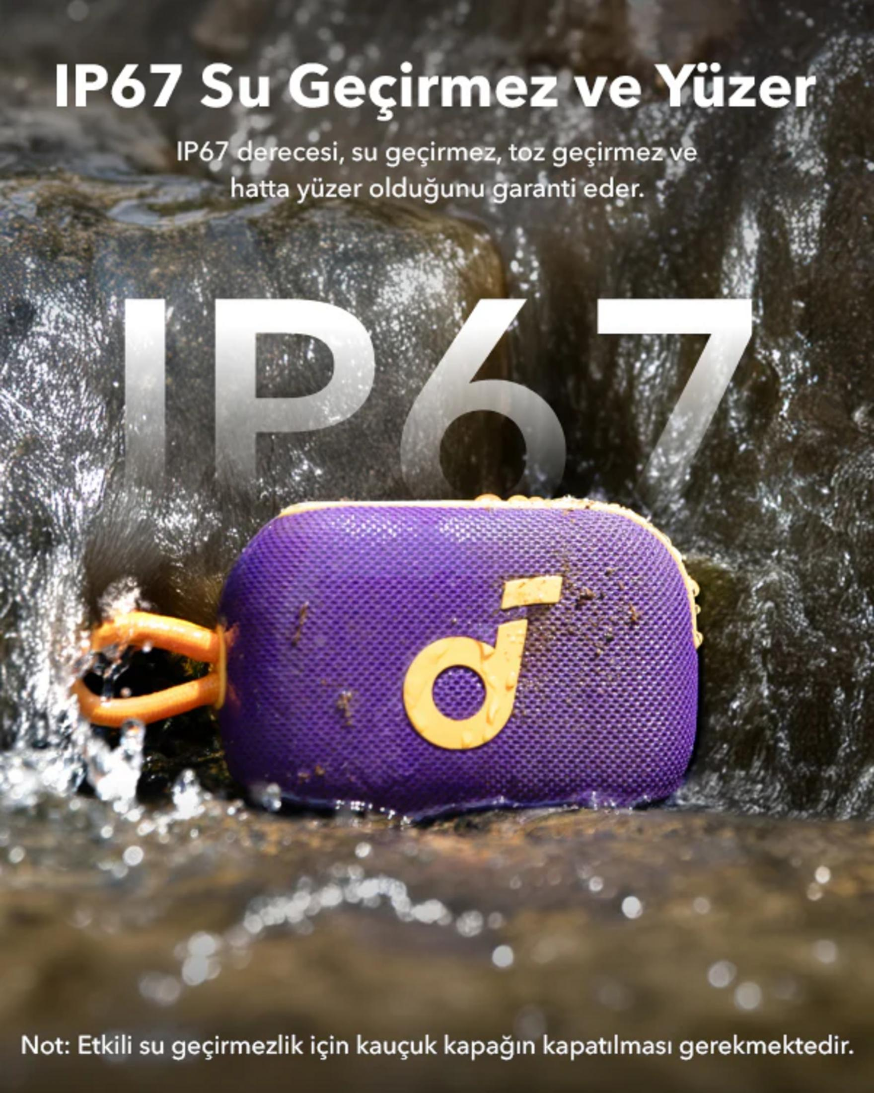 Altoparlante viola con logo giallo in acqua, certificato IP67.