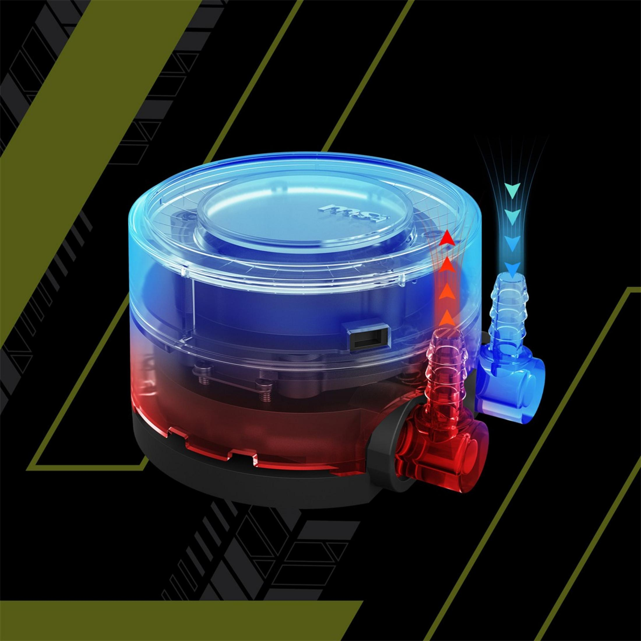 Une pompe de refroidissement transparente avec des indicateurs de flux de liquide rouge et bleu.