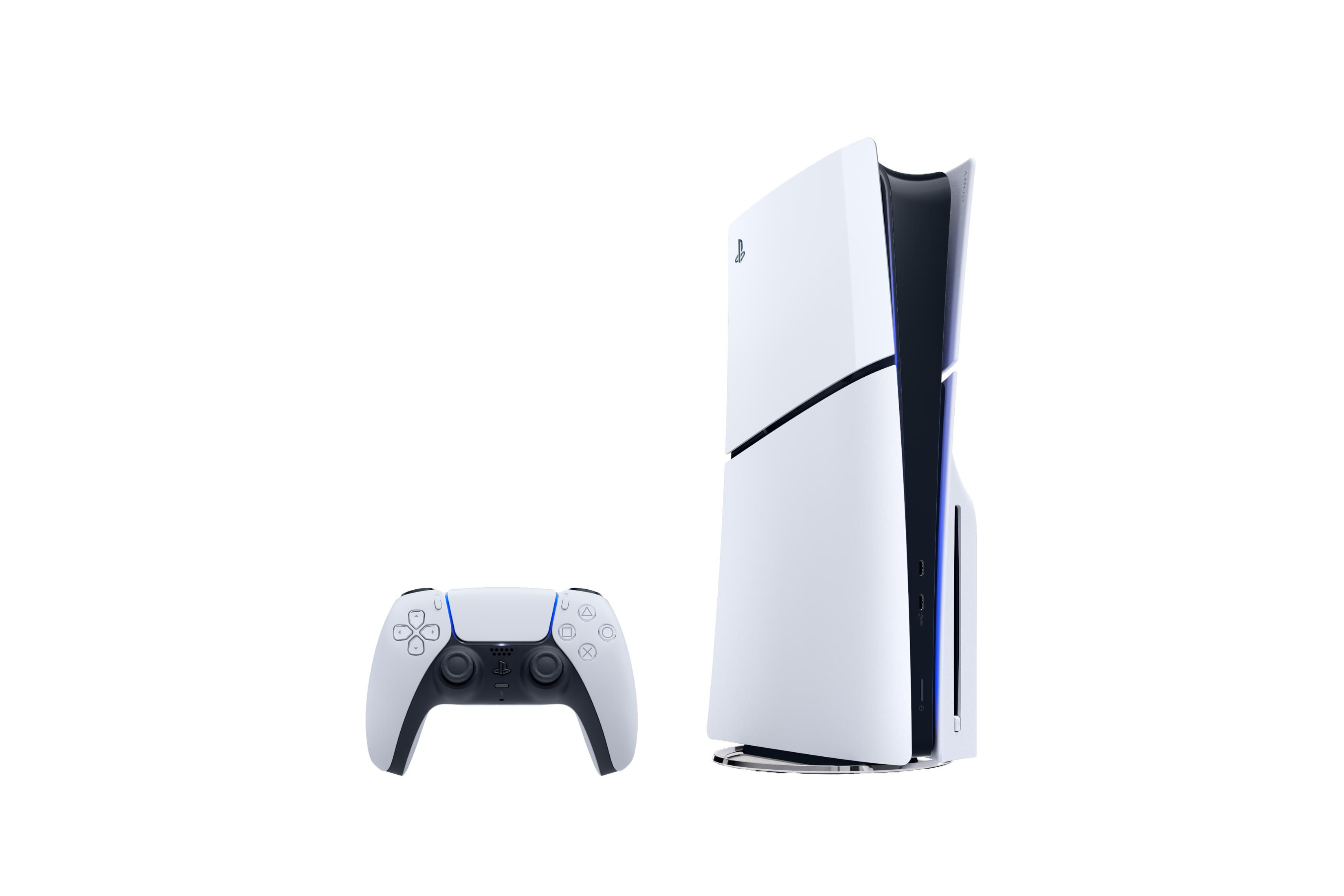 Ein weißer PlayStation 5-Controller liegt links neben der Konsole.