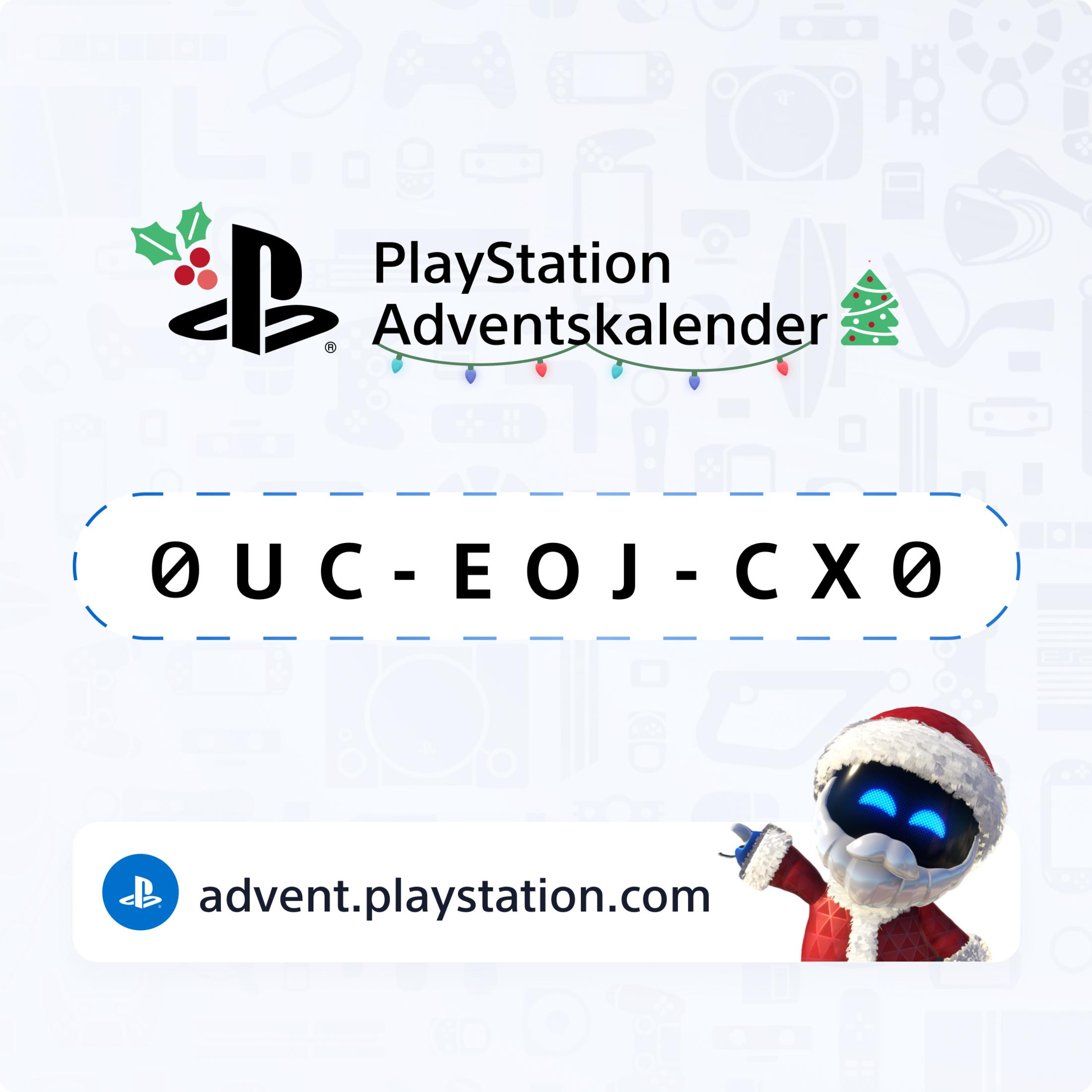 PlayStation Adventskalender mit Code 0UC-EOJ-CX0 und Webseite.