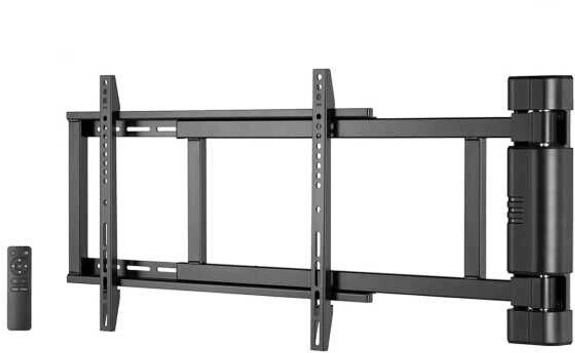 Schwarze TV-Wandhalterung mit ausziehbarem Arm und Fernbedienung.