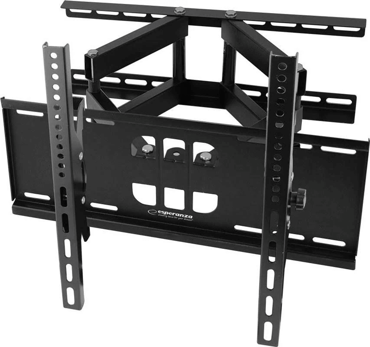 Schwarze, verstellbare TV-Halterung aus Metall mit mehreren Gelenken und Schienen.