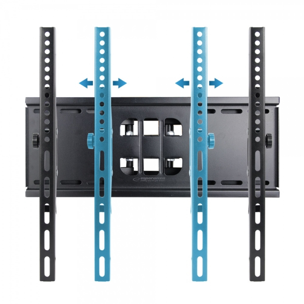 Schwarze Wandhalterung mit blauen Schienen und Pfeilen, die Verstellbarkeit anzeigen.