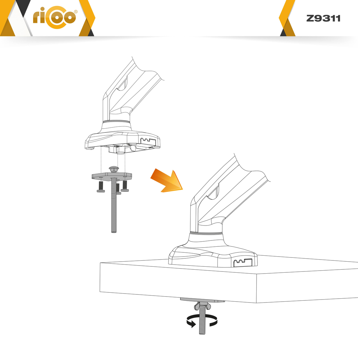 Montageanleitung: Clamp-Halterung mit Schraube an Tischplatte befestigen.