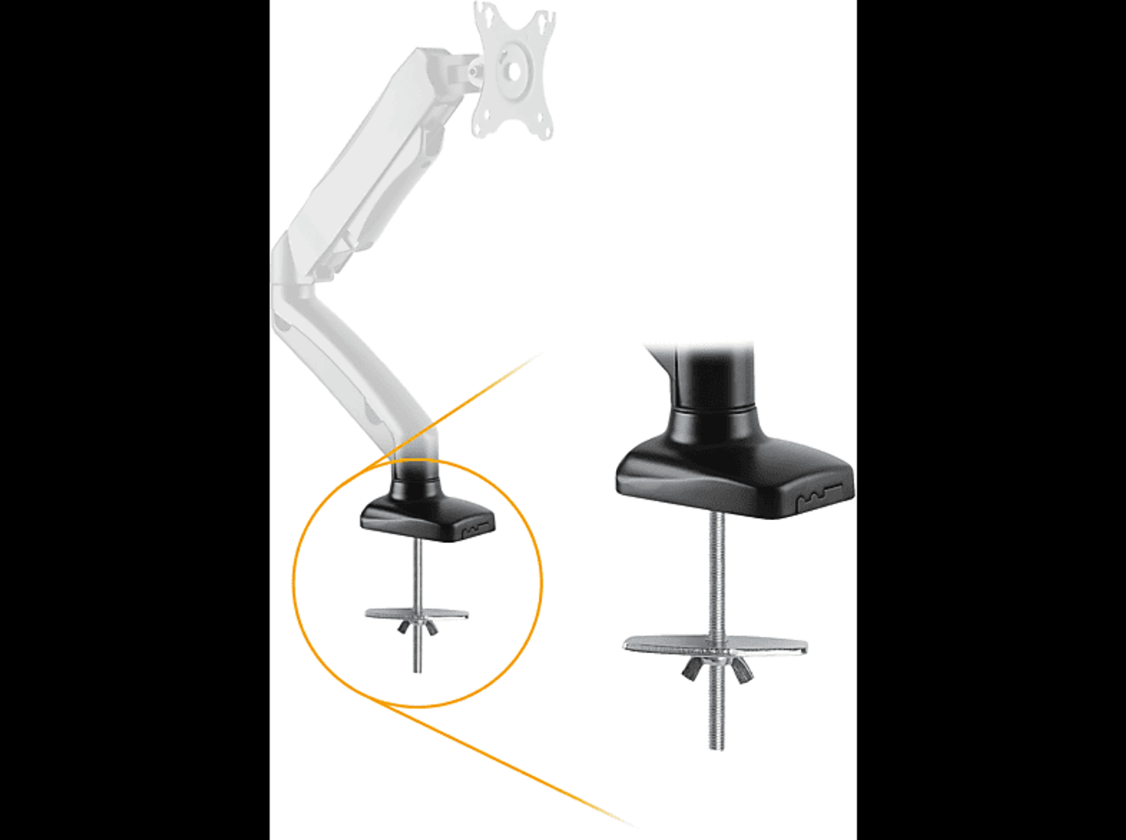 Schwarze Monitorhalterung mit Klemme und Schraube.