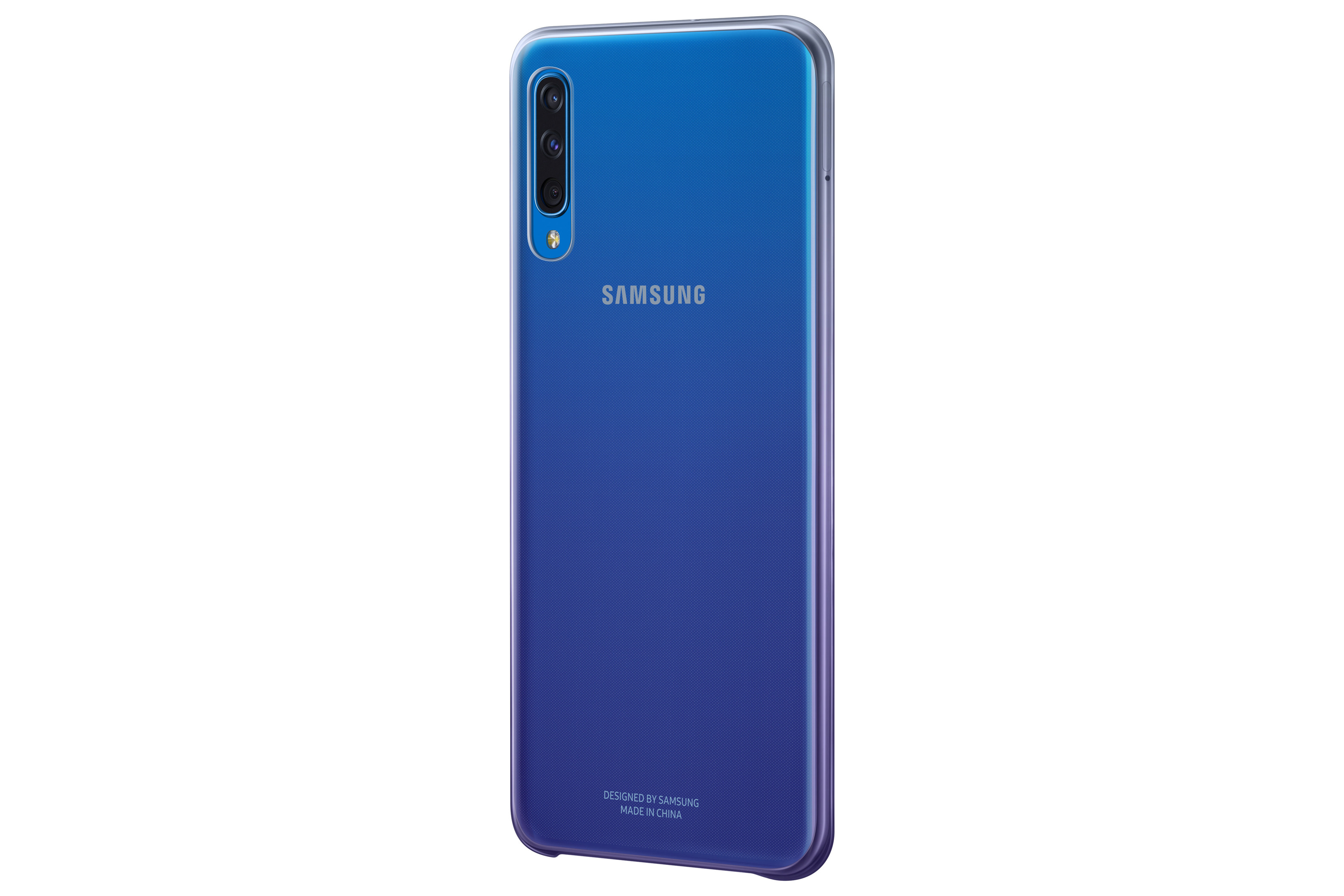 Rückseite eines blauen Samsung-Smartphones mit drei Kameras und Logo.