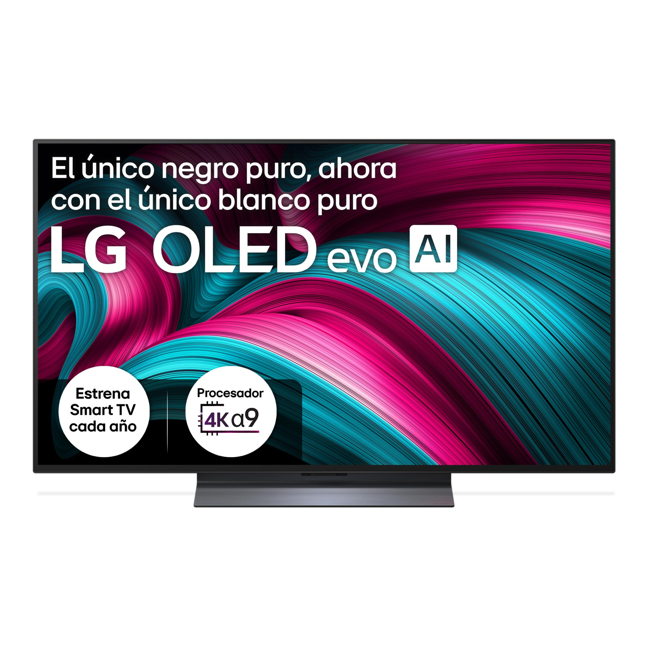 TV LG OLED evo con IA, fondo dinámico rosa y turquesa.